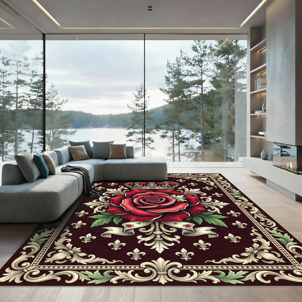 Royal Crimson Rose Crown Fleur-de-lis Rug