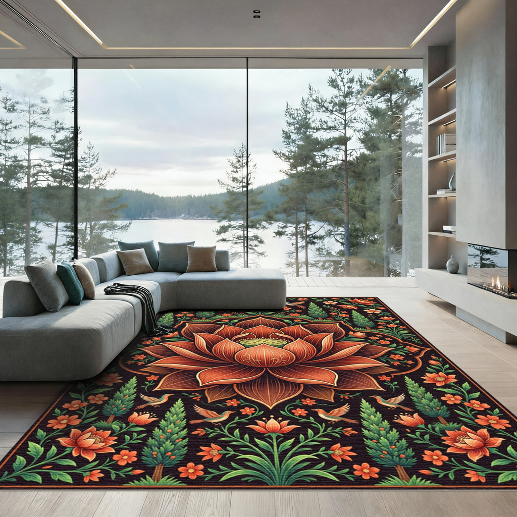 Ornate Coral Lotus Bird Garden Rug