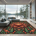 Ornate Coral Lotus Bird Garden Rug
