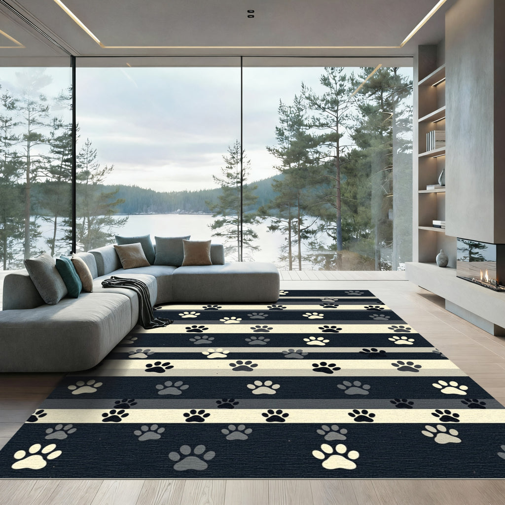 Neutral Striped Paw Print Indoor Rug