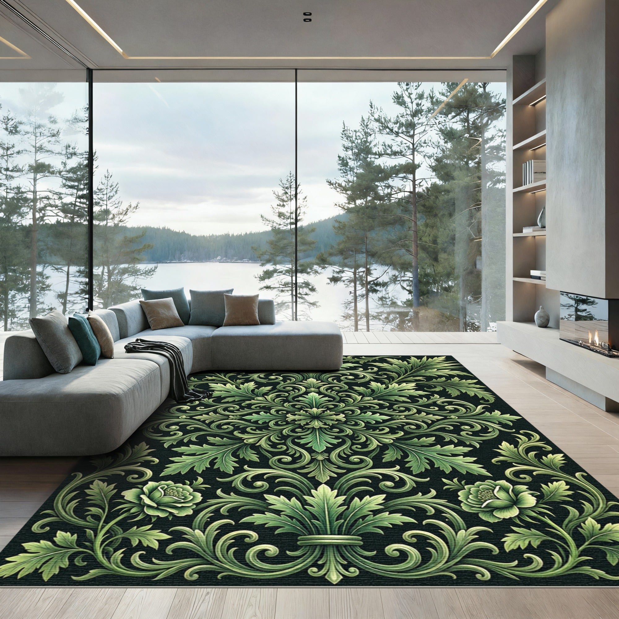 Luxurious Emerald Foliage Botanical Damask Rug