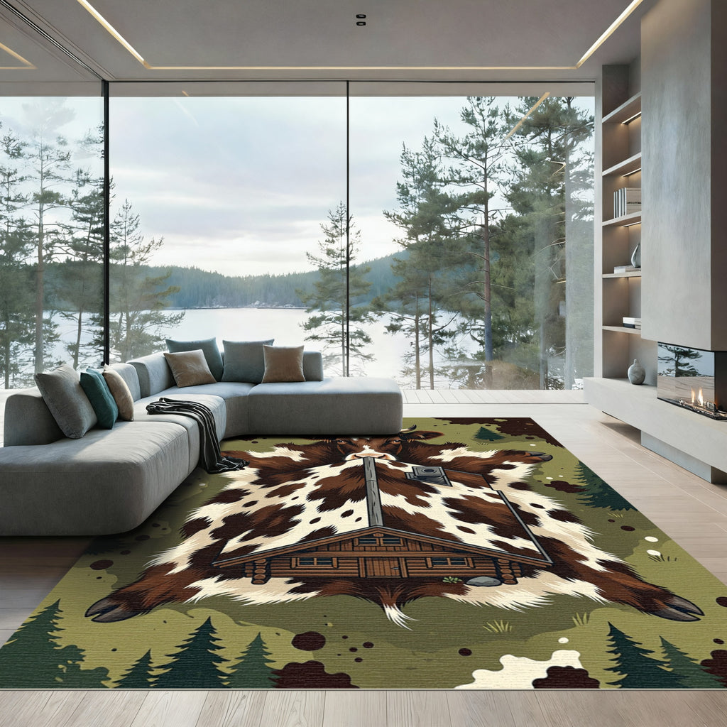 Rustic Brown White Cowhide Cabin Landscape Rug