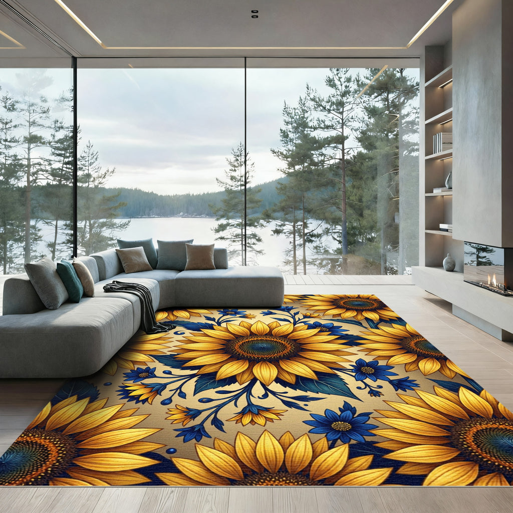 Radiant Sunflower and Blue Blossom Medallion Rug