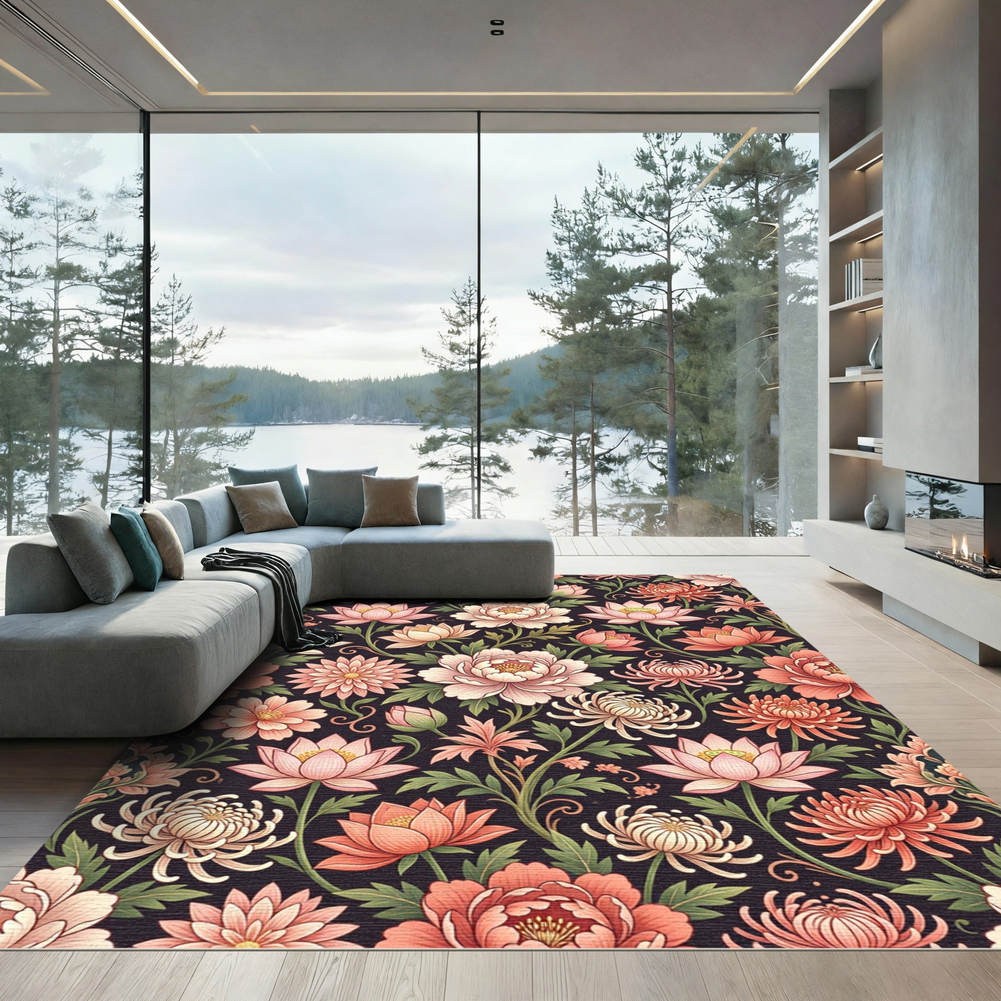 Coral Peach Blooming Peony Chrysanthemum Rug