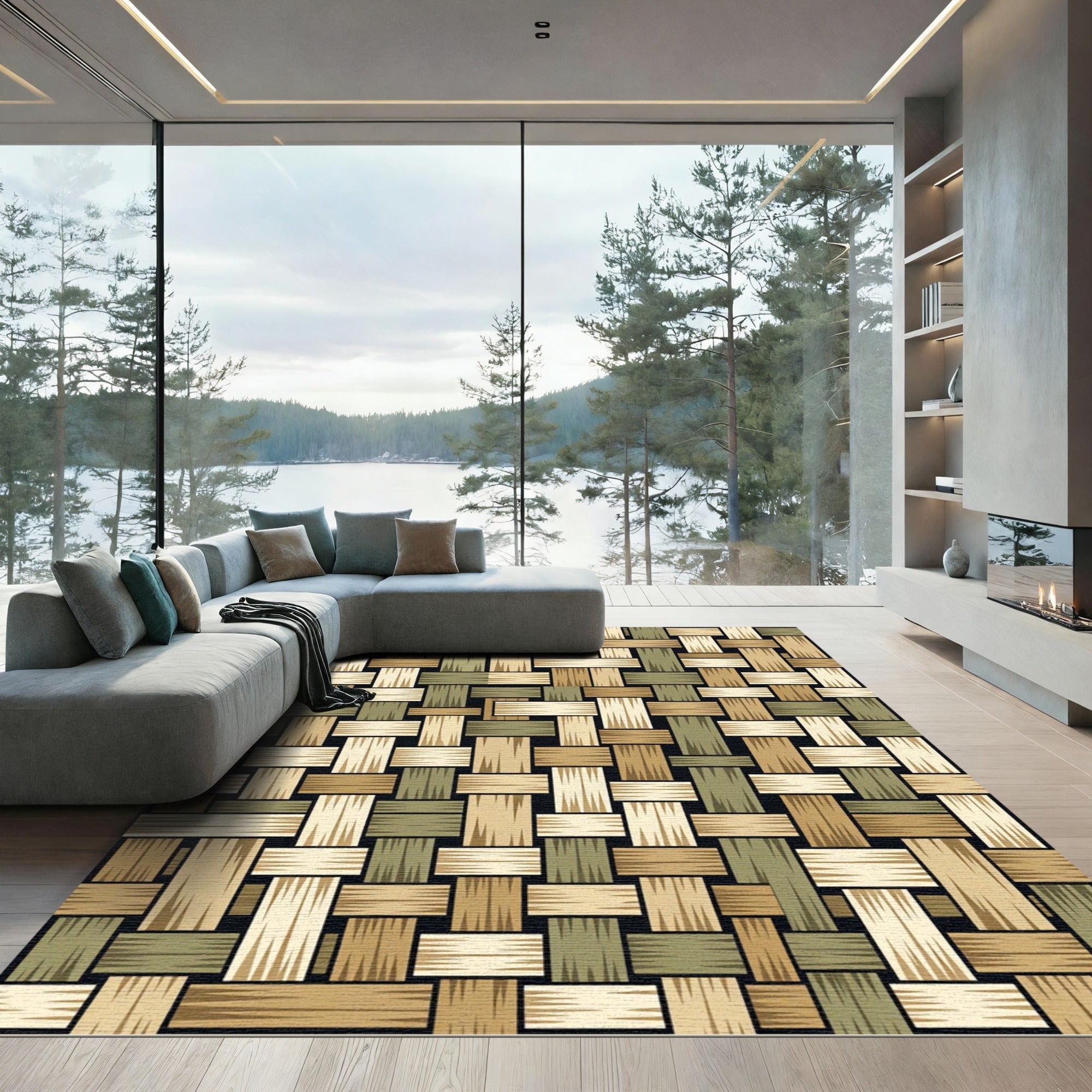 Woven Tan Olive Interlace Rectangles Rug