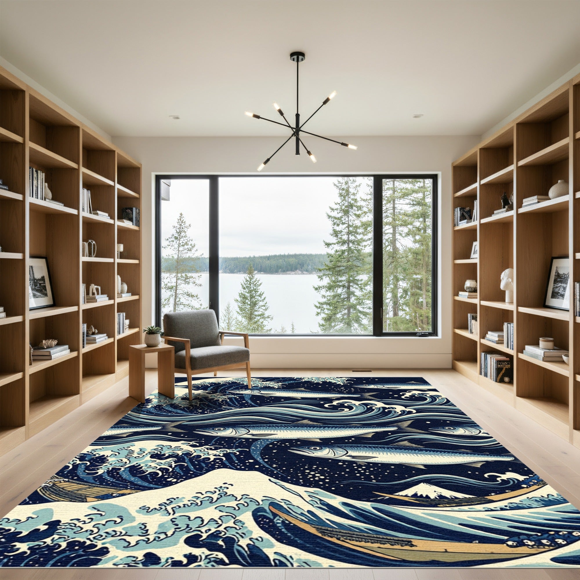 Classic Hokusai Wave and Fish Illustration Rug