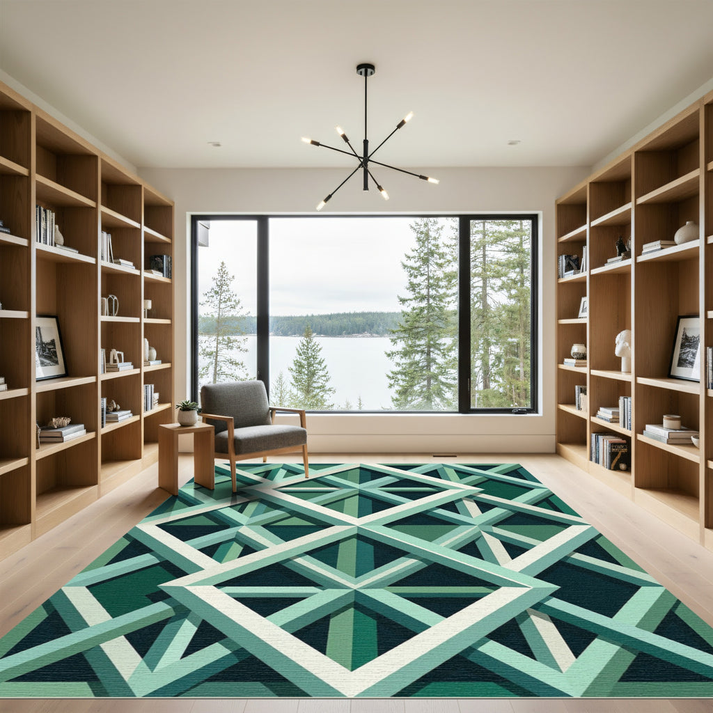 Geometric Emerald Green Lattice Grid Rug