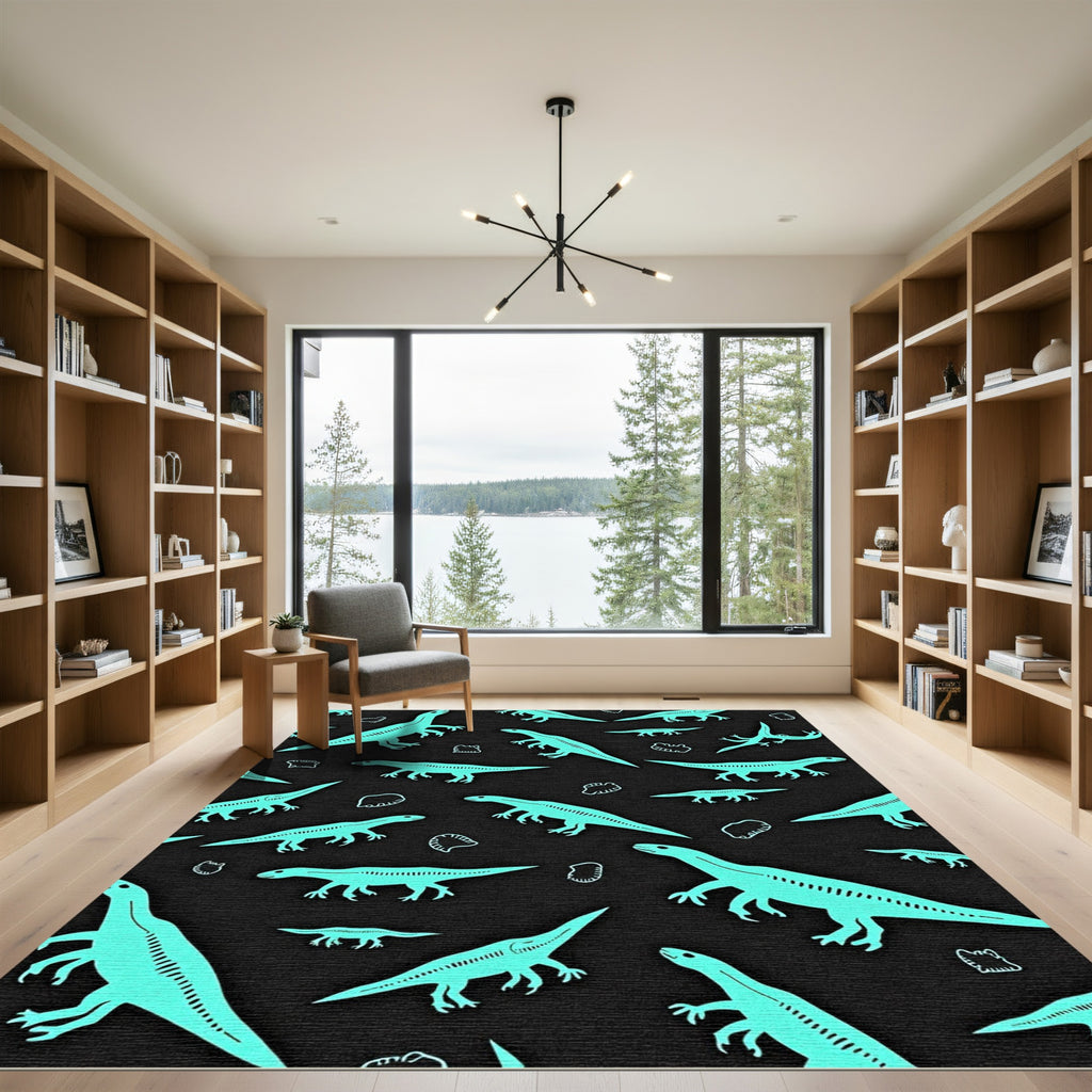 Aqua Dinosaurs and Fossils Scattered Rug