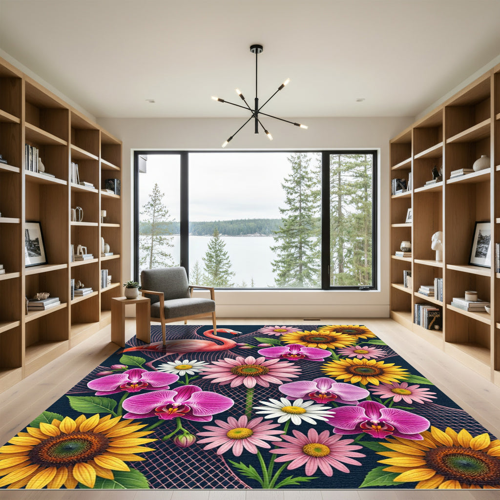 Vibrant Pink Flamingo Floral Garden Rug