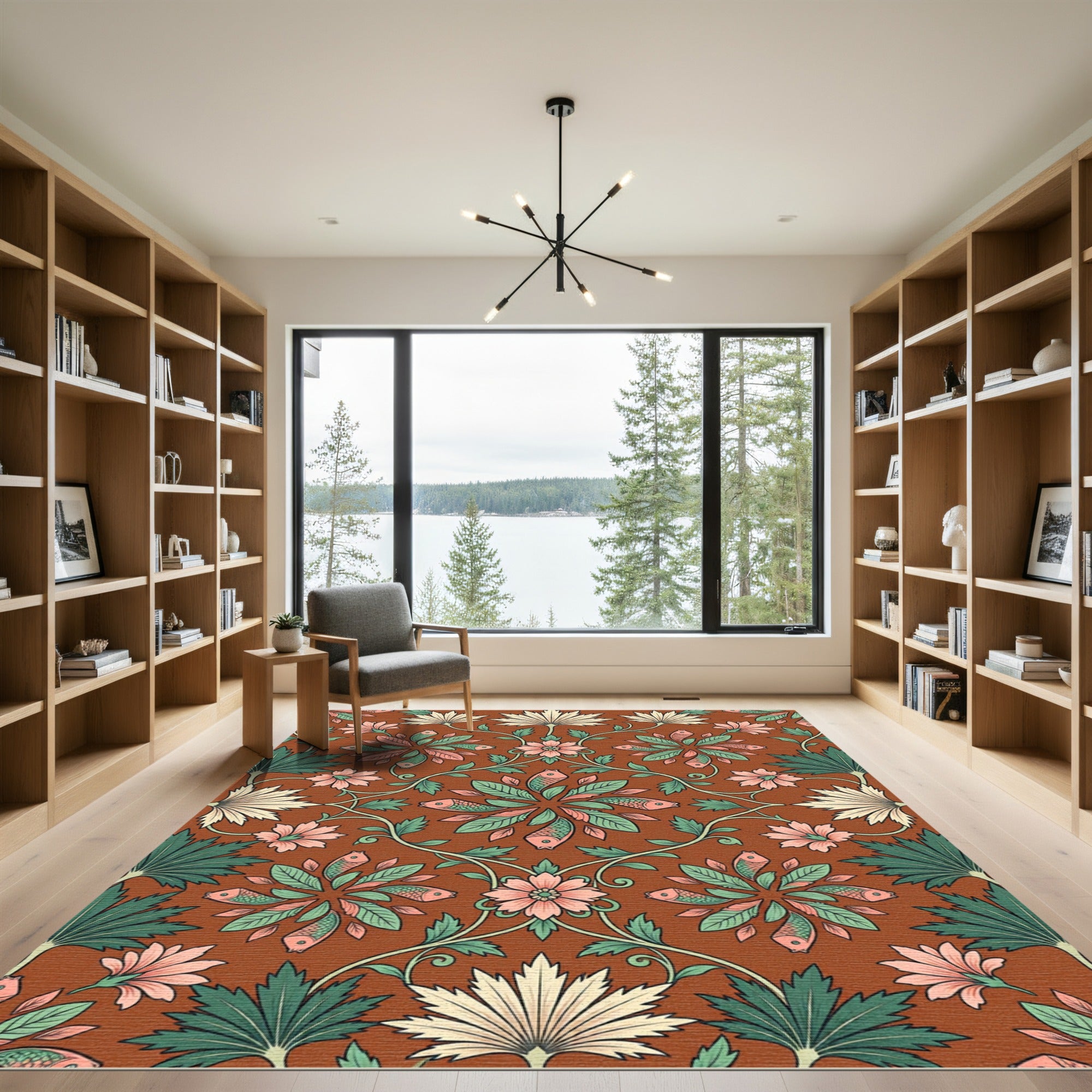 Terracotta Fish and Botanical Foliage Medallion Rug