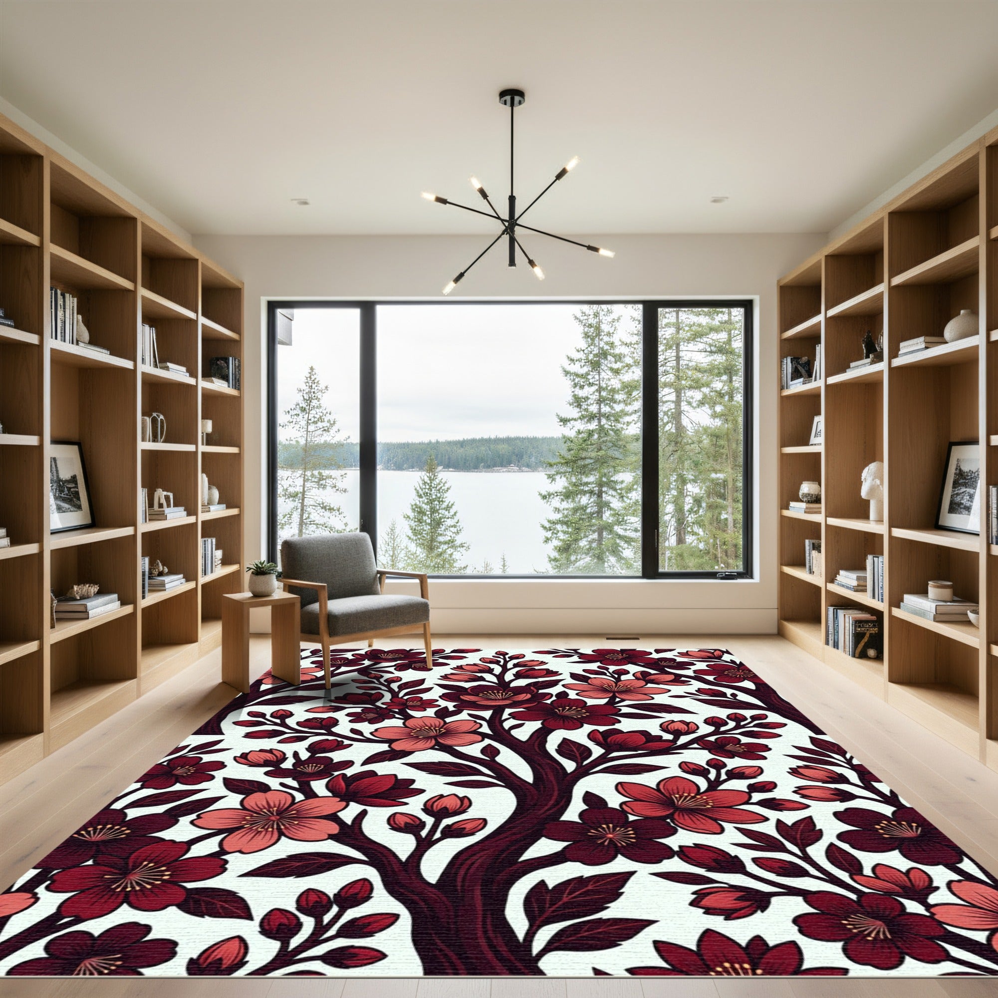 Dark Crimson Cherry Blossom Floral Rug
