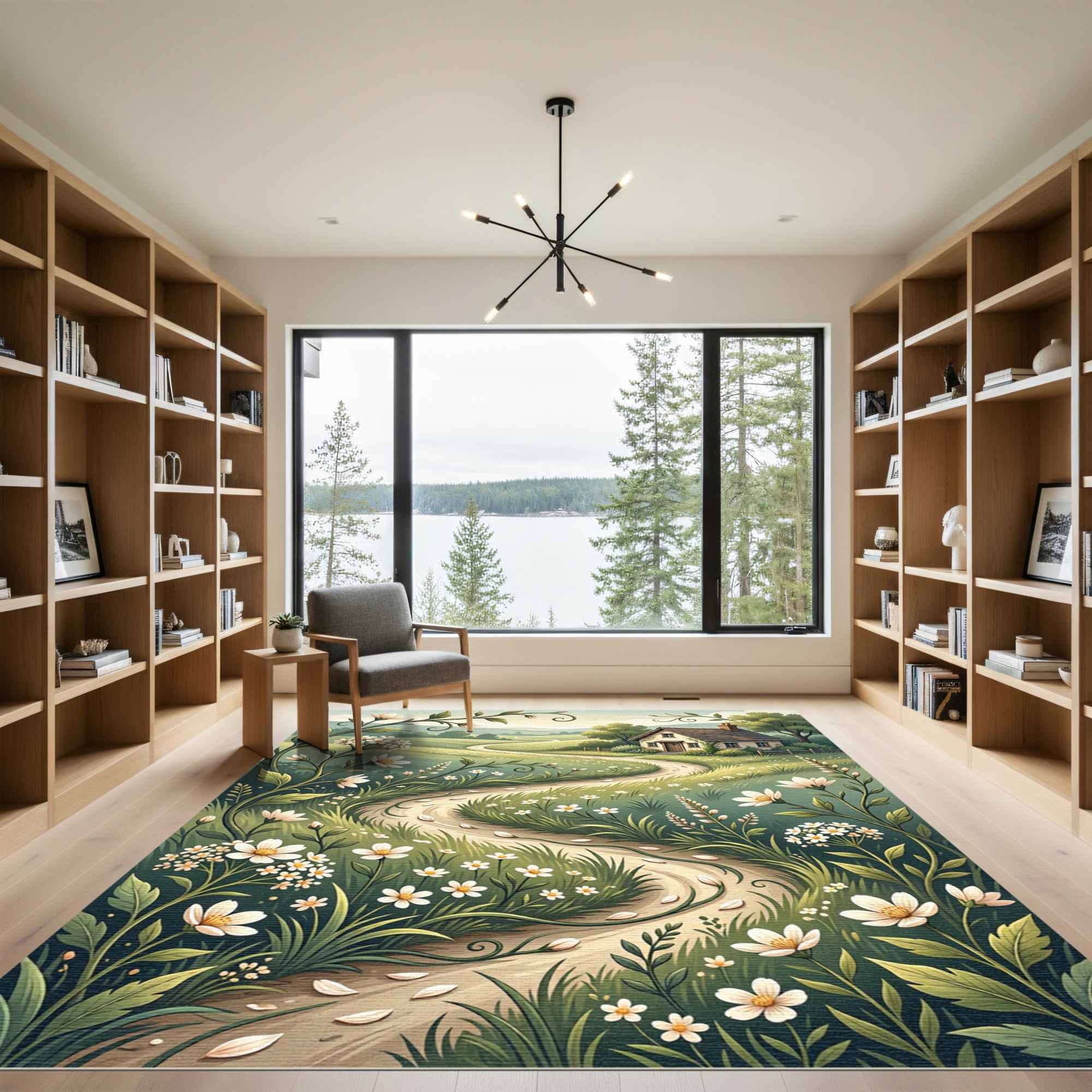 Whimsical Meadow Cottage Wildflower Landscape Rug