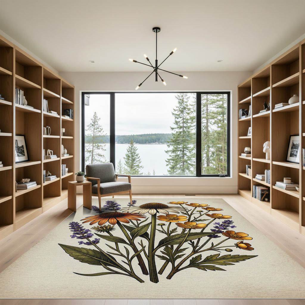 Botanical Coneflower Lavender Meadow Illustration Rug