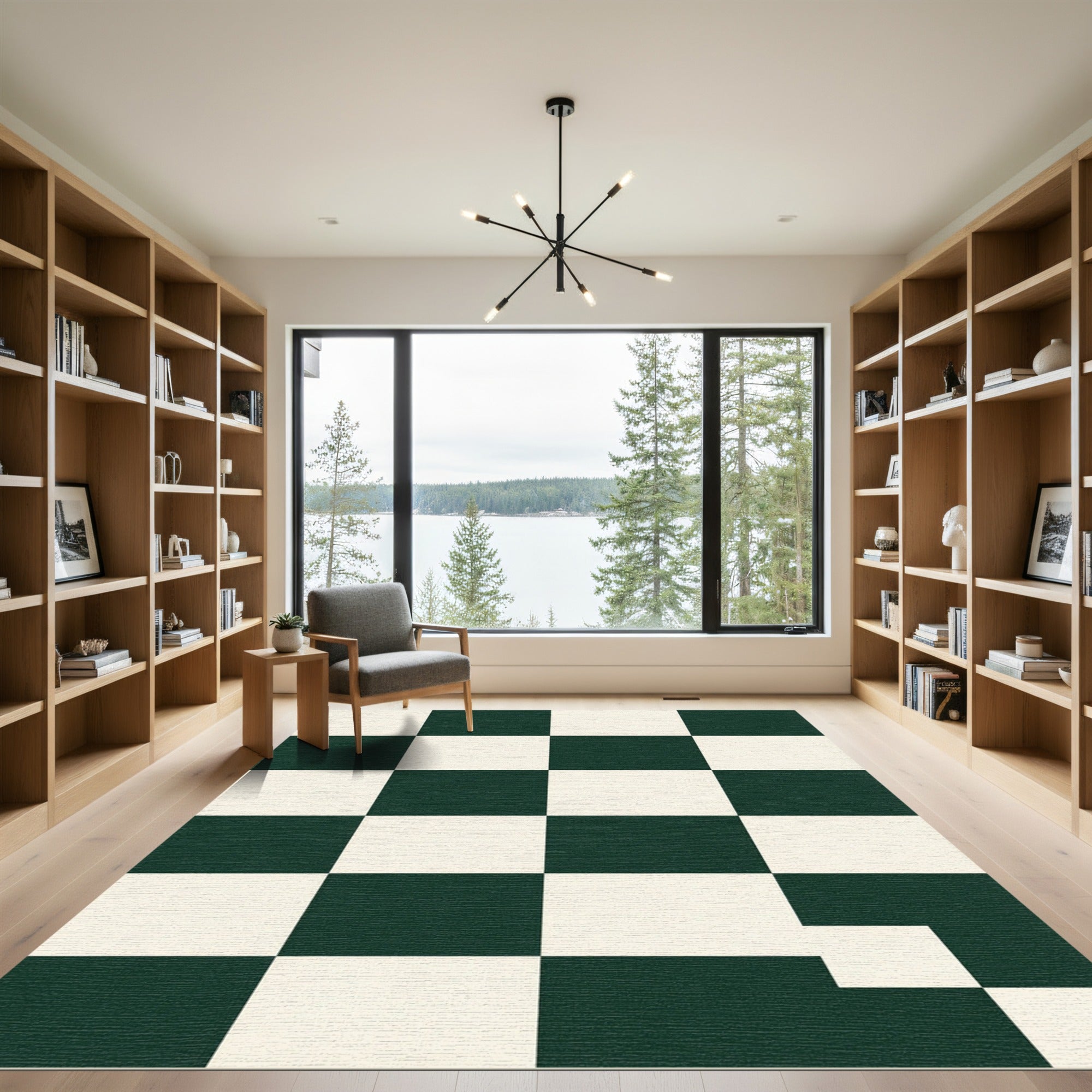 Bold Forest Green Checkered Grid Rug