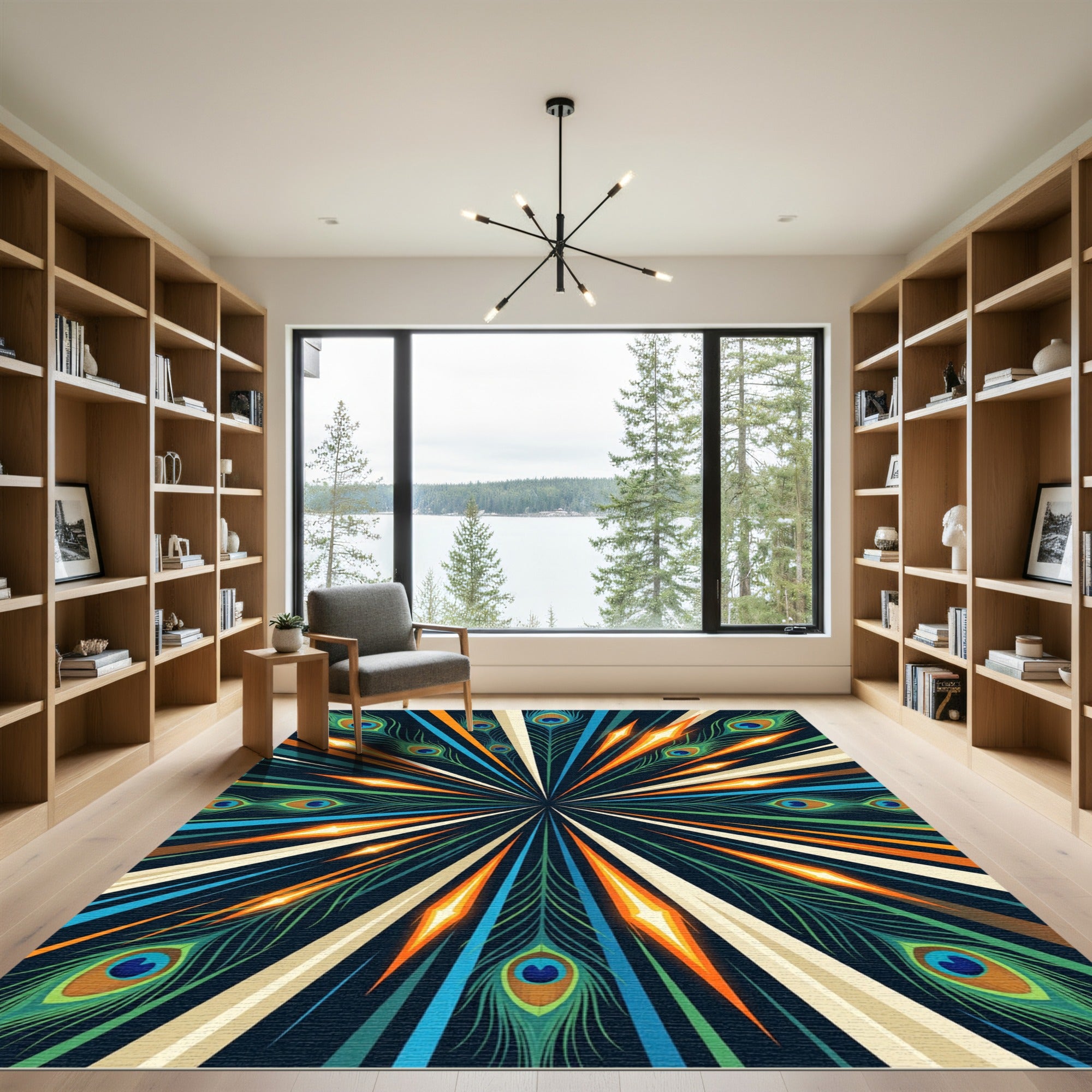 Radiant Peacock Feather Burst Medallion Rug