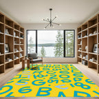 Retro Yellow Teal Alphabet Numbers Rug