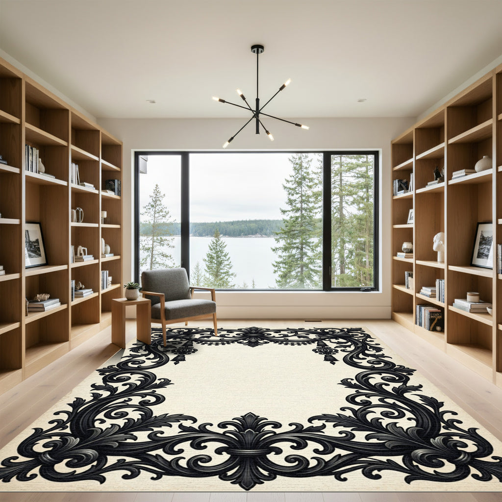 Ornate Black Baroque Filigree Scroll Rug