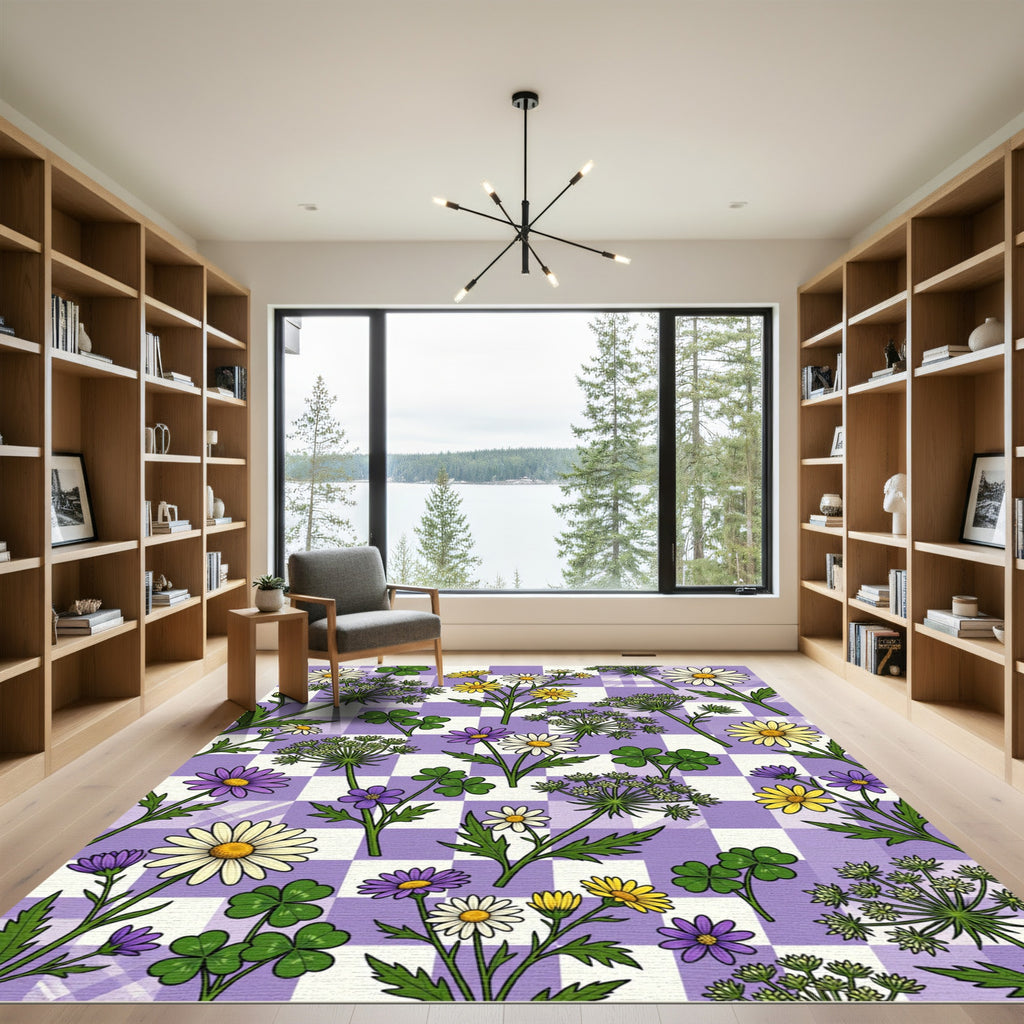 Pastel Purple Checkerboard Spring Meadow Rug