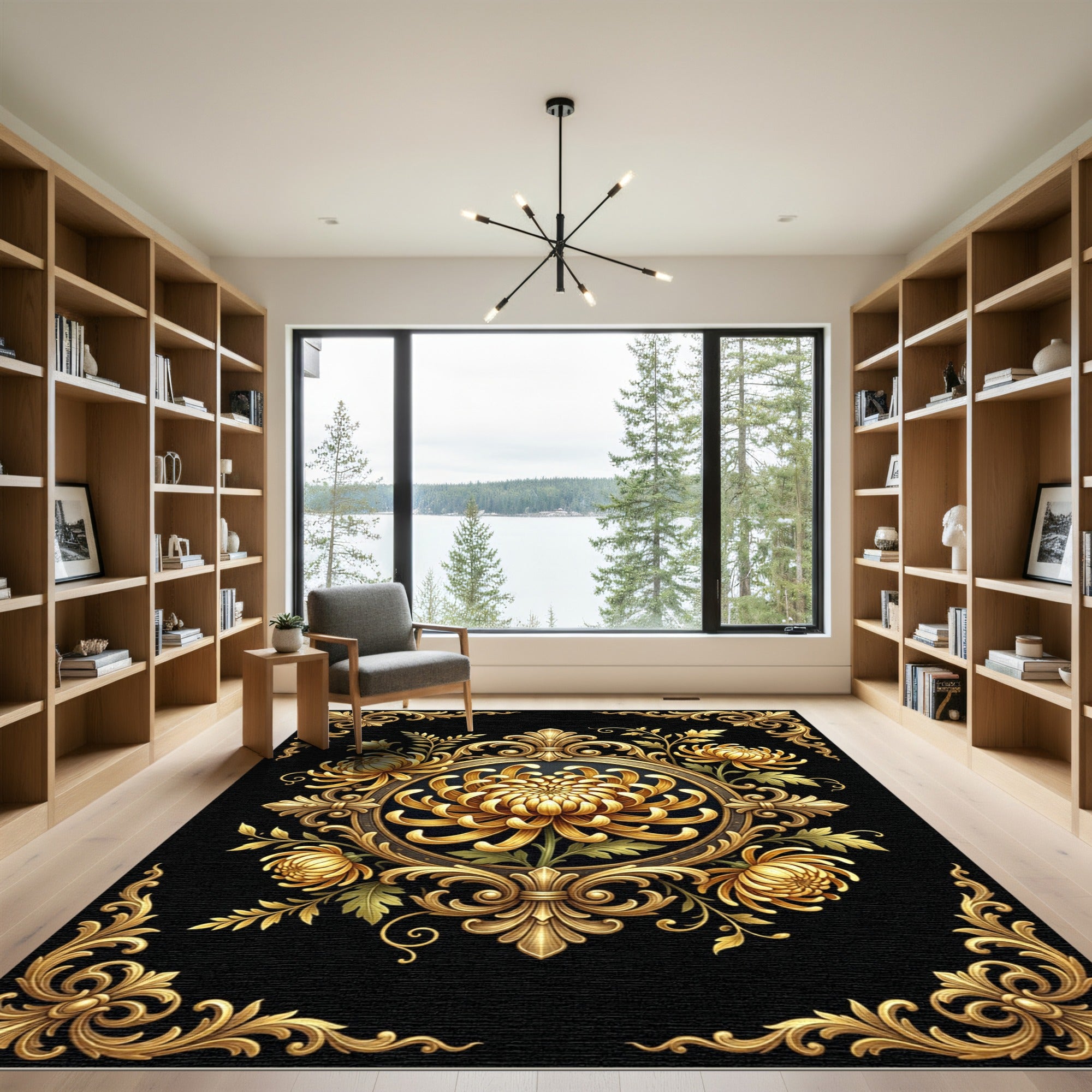 Gold Chrysanthemum Floral Scrollwork Rug