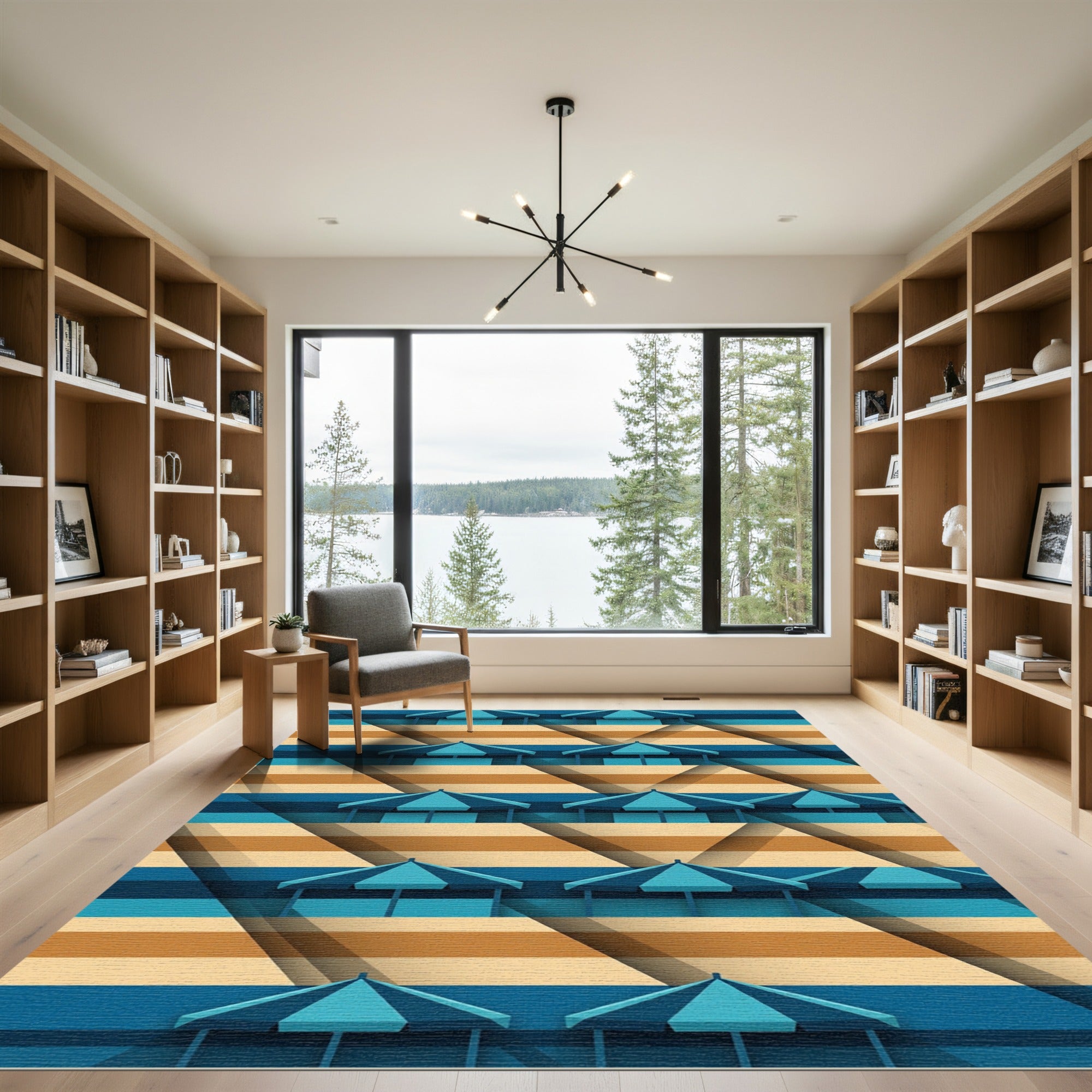 Geometric Blue Striped Umbrella Beachscape Rug