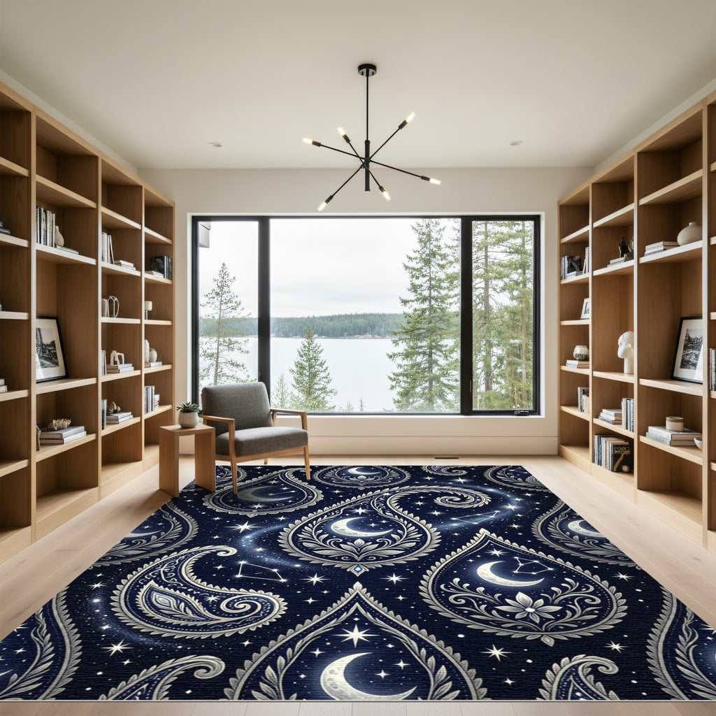 Celestial Midnight Moon Floral Paisley Rug