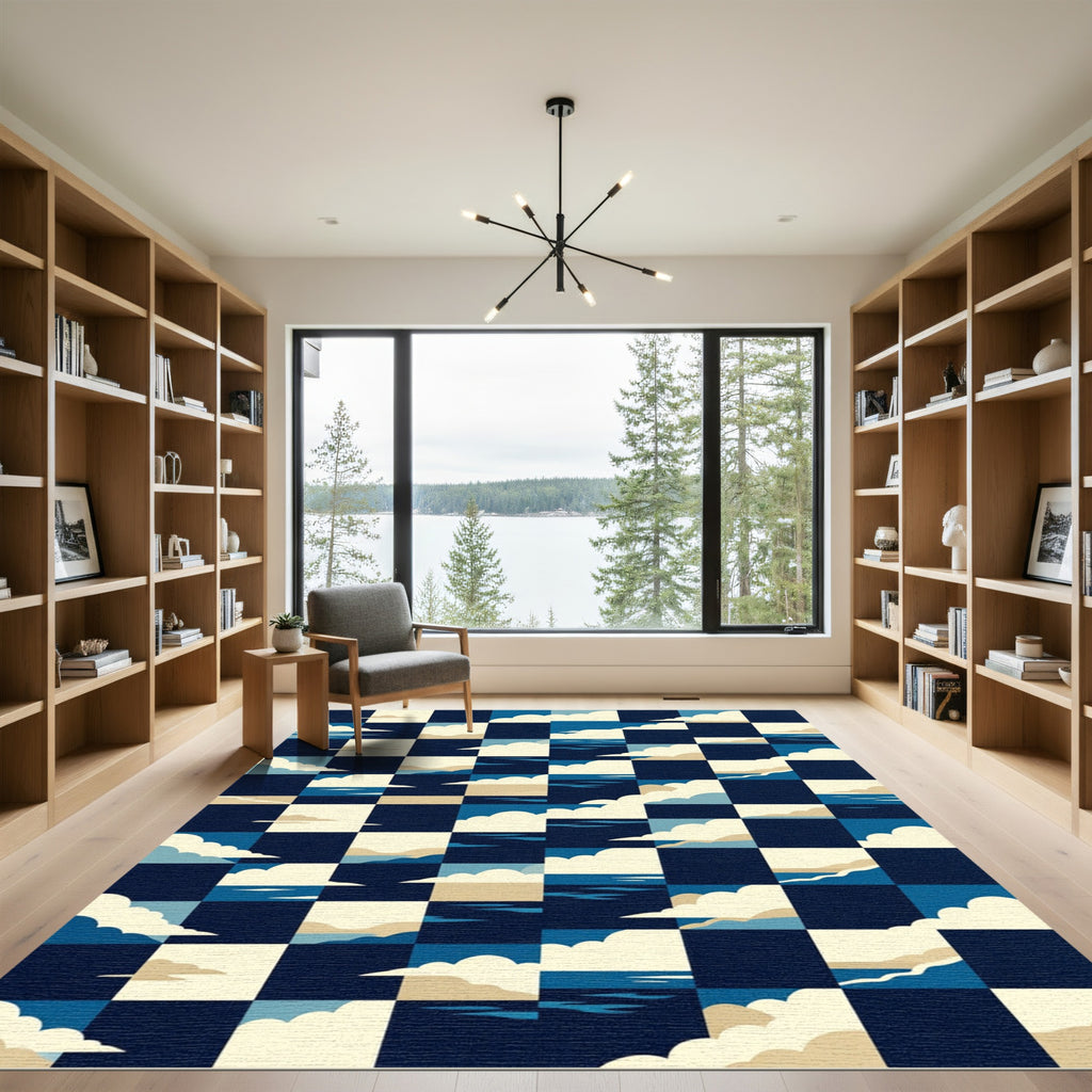 Navy Geometric Cloud and Sea Grid Rug
