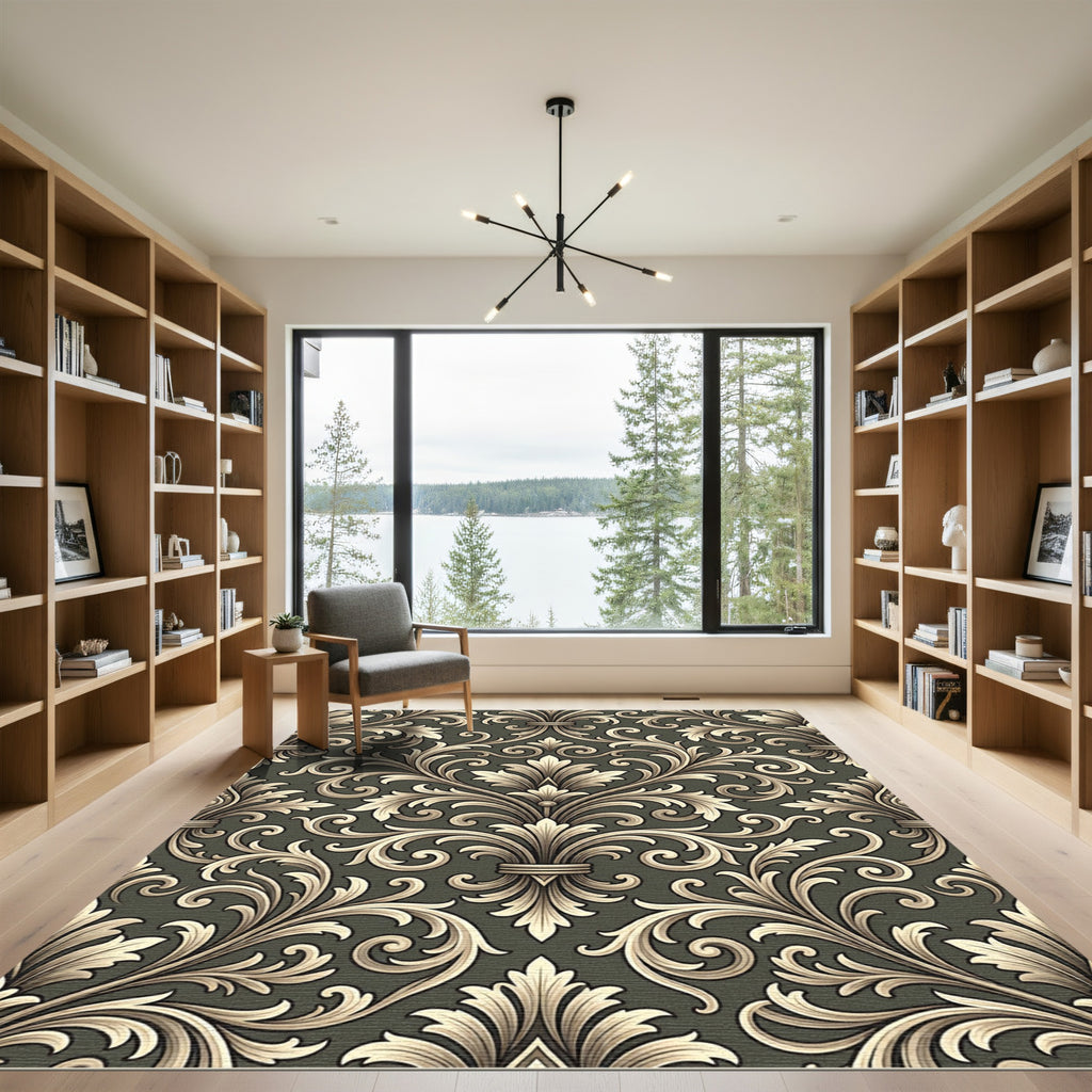 Elegant Golden Floral Scroll Rug