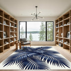 Modern Navy Palm Frond Composition Rug