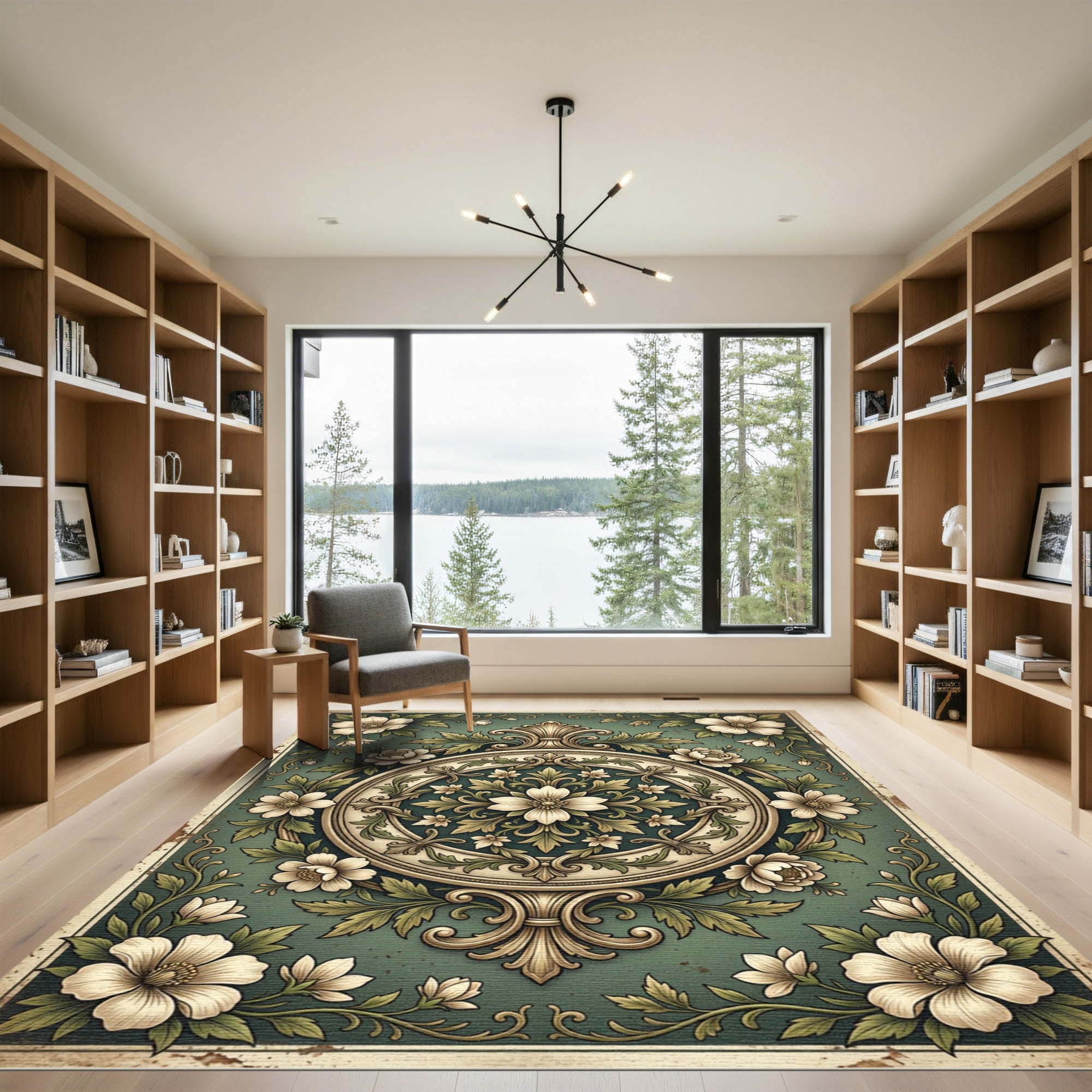 Vintage Sage Floral Medallion Scroll Rug