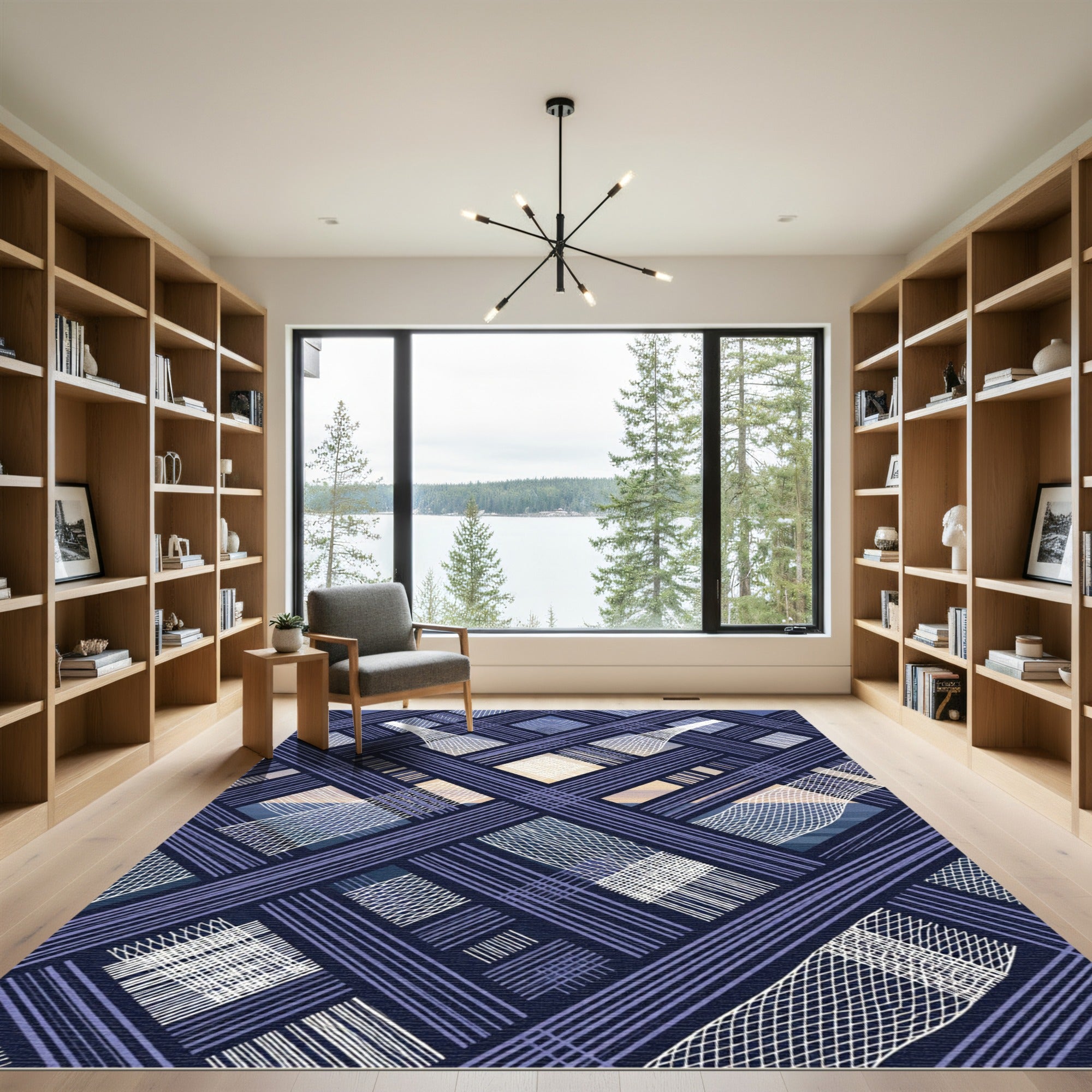 Geometric Navy Blue Intersecting Grid Rug