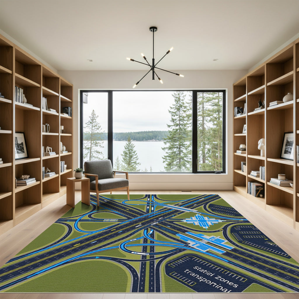 Modern Blue Highway Intersection Map Rug