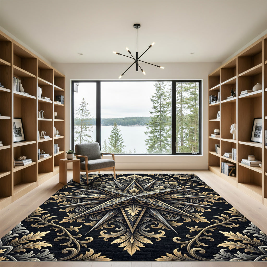 Ornate Gold Metallic Star Baroque Medallion Rug