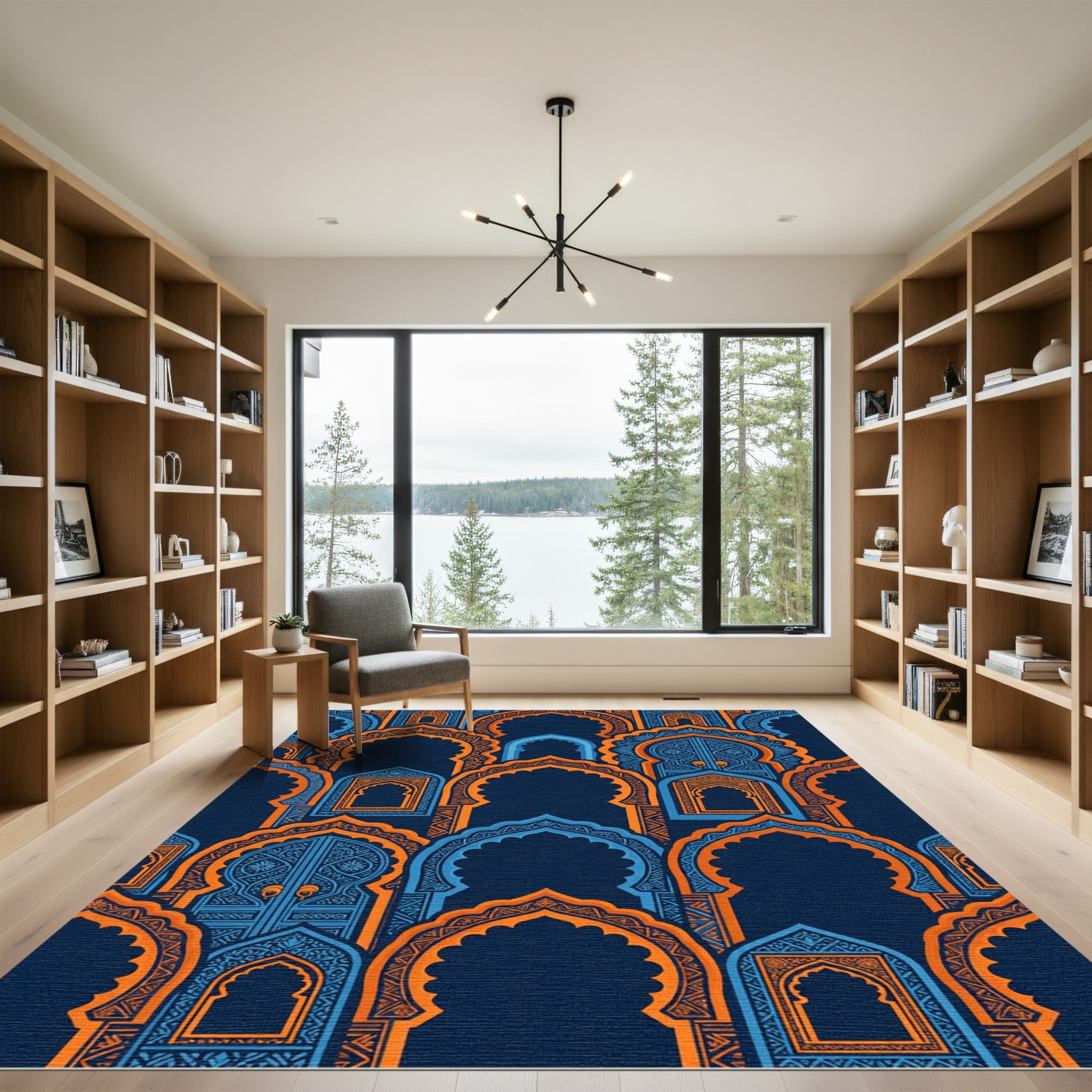 Ornate Blue and Orange Arched Gate Rug
