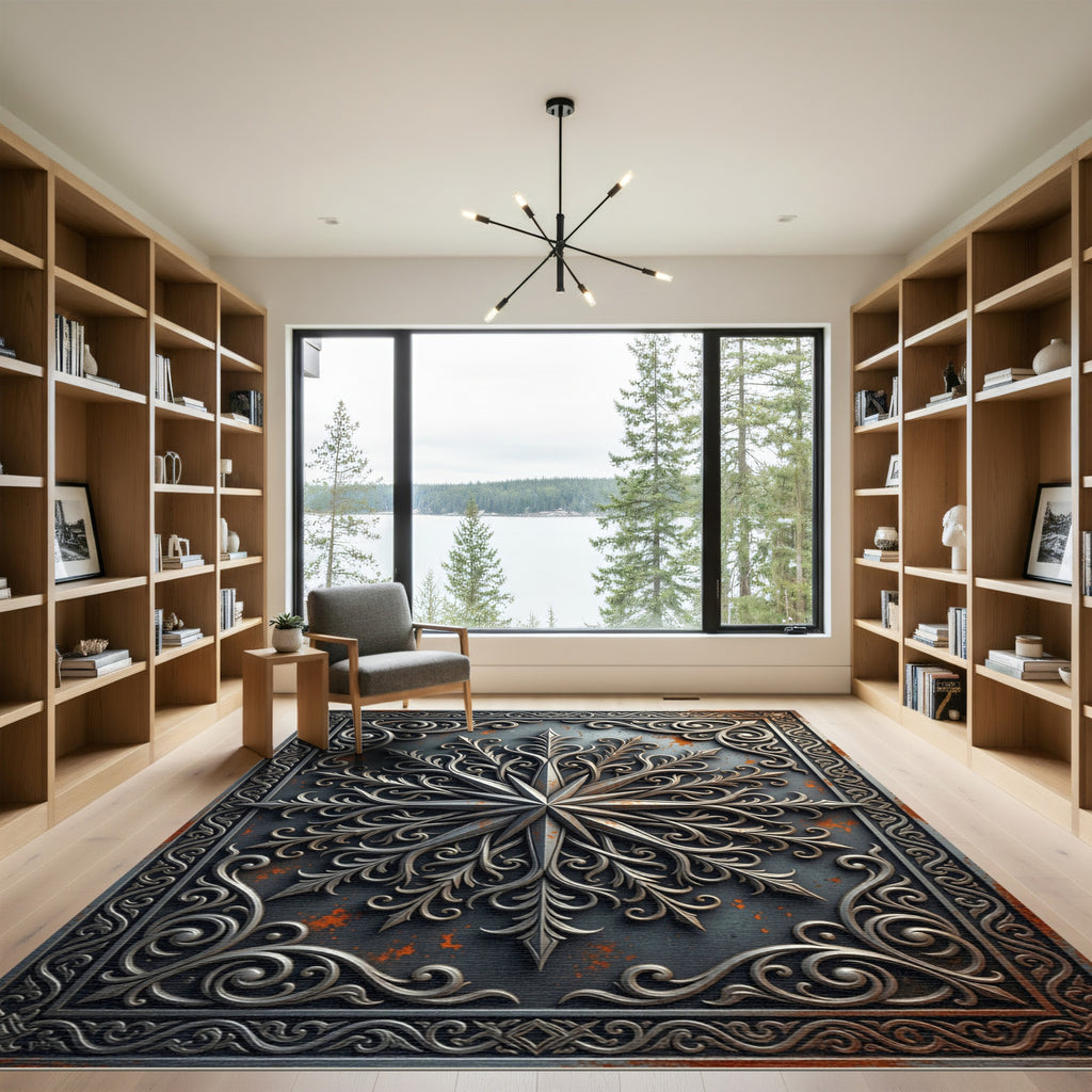 Ornate Metallic Silver Filigree Compass Rug