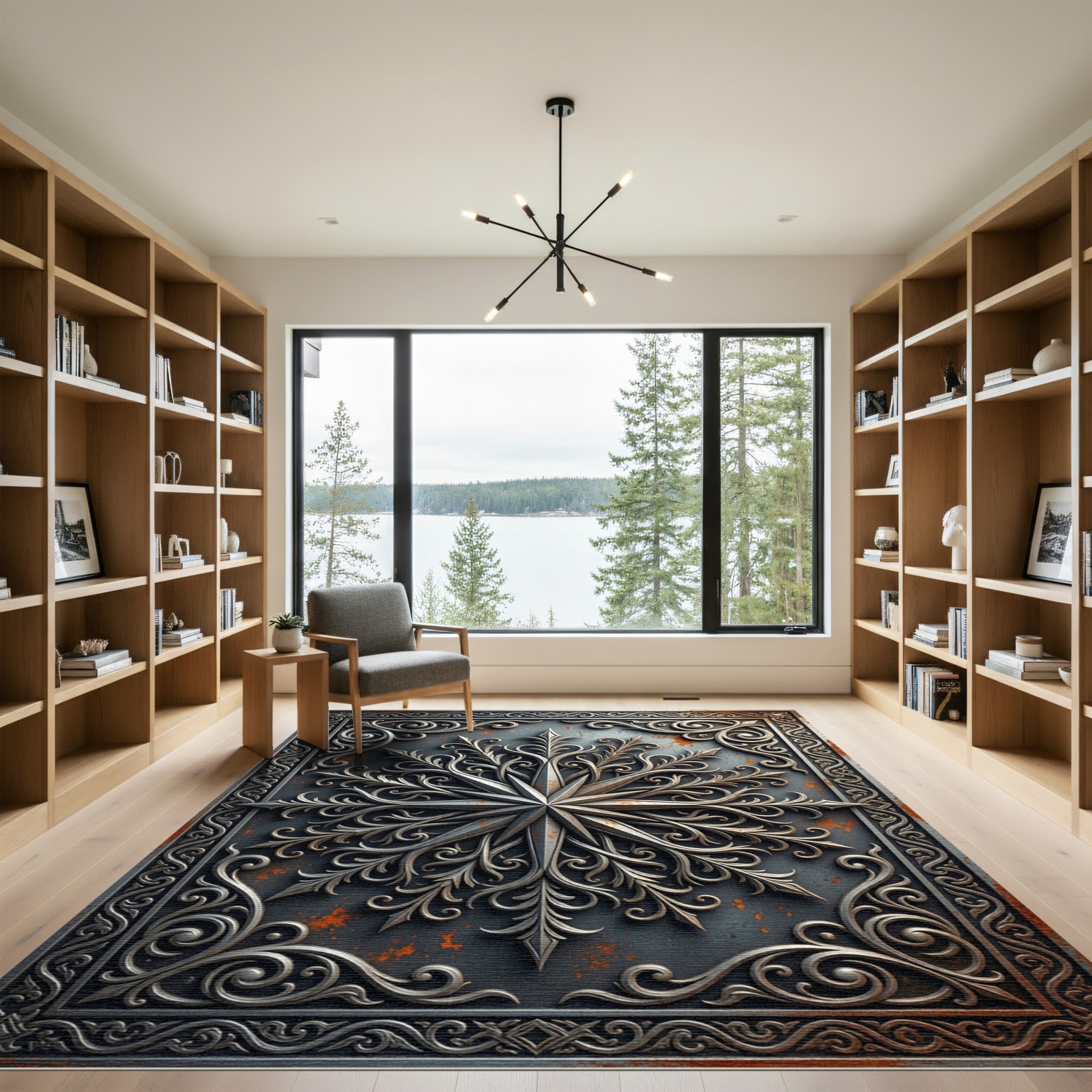 Ornate Metallic Silver Filigree Compass Rug