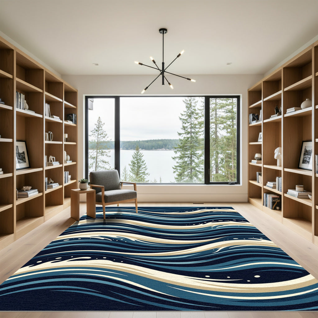 Deep Blue Wavy Ocean Lines Rug