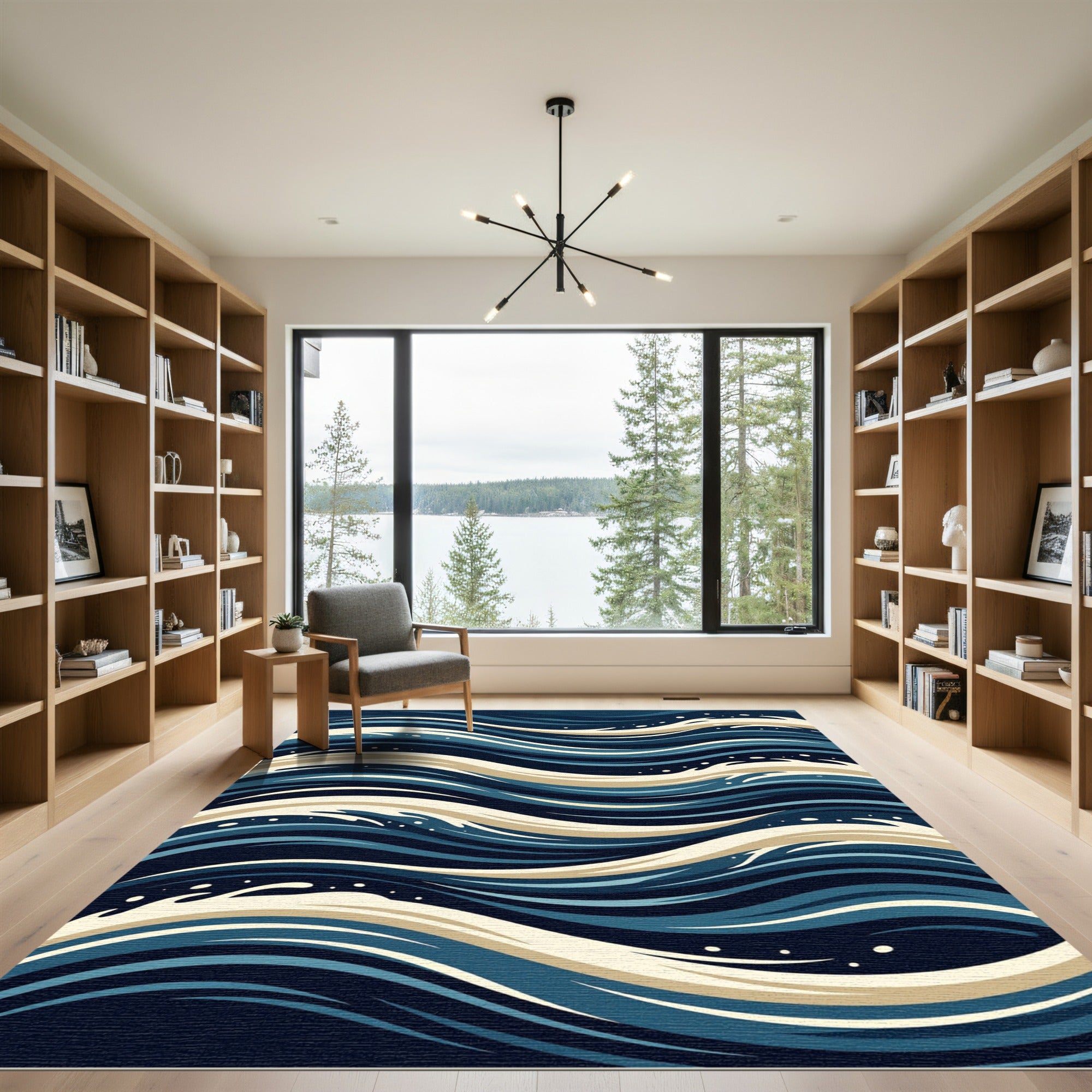 Deep Blue Wavy Ocean Lines Rug