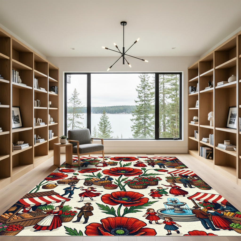 Vintage Scarlet Poppy Market Scene Rug