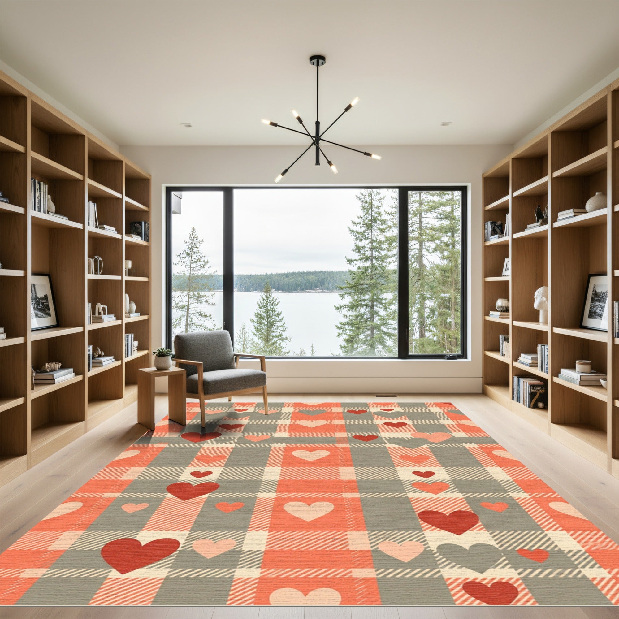 Coral and Gray Heart Plaid Rug
