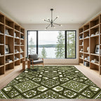 Intricate Forest Green Geometric Floral Tile Rug