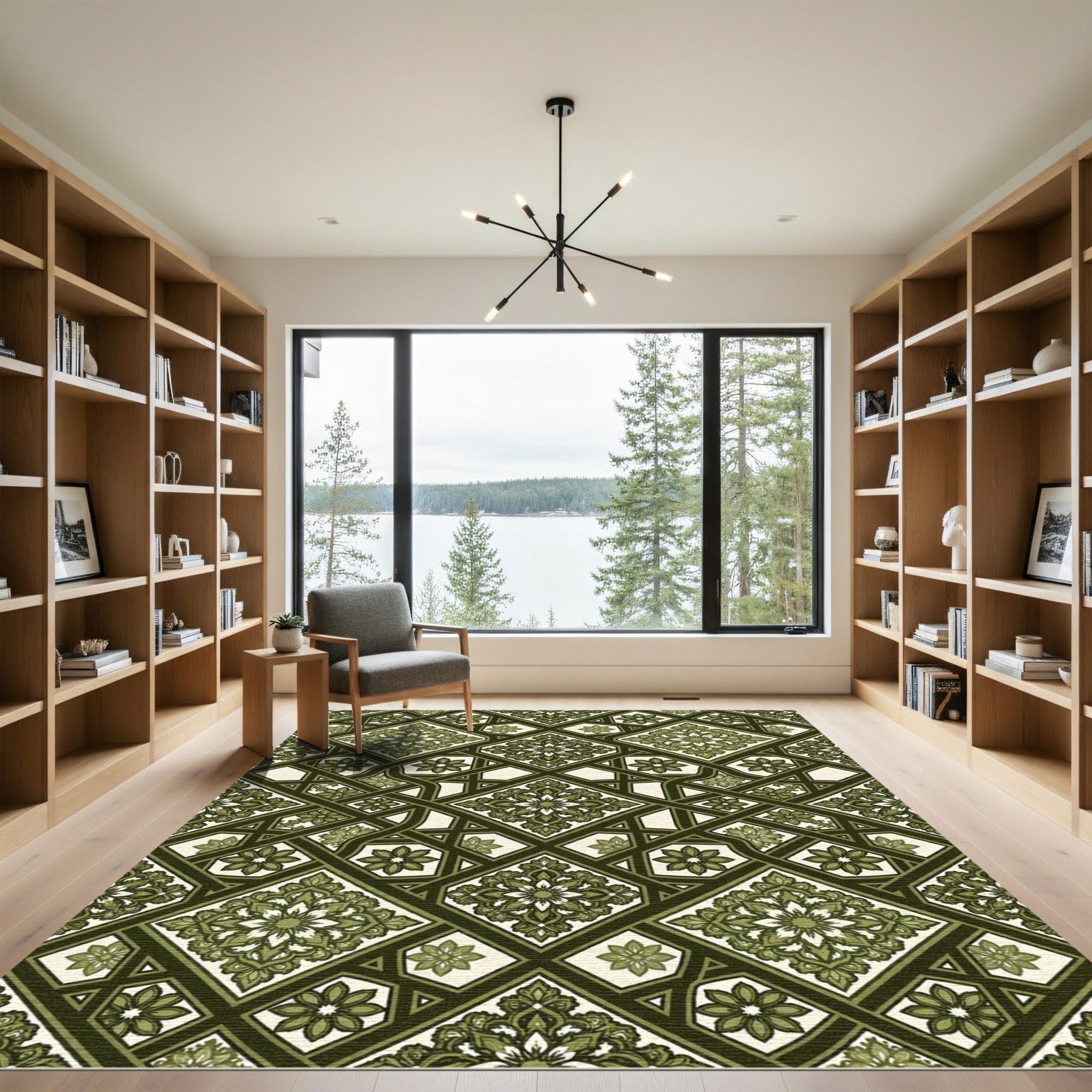 Intricate Forest Green Geometric Floral Tile Rug