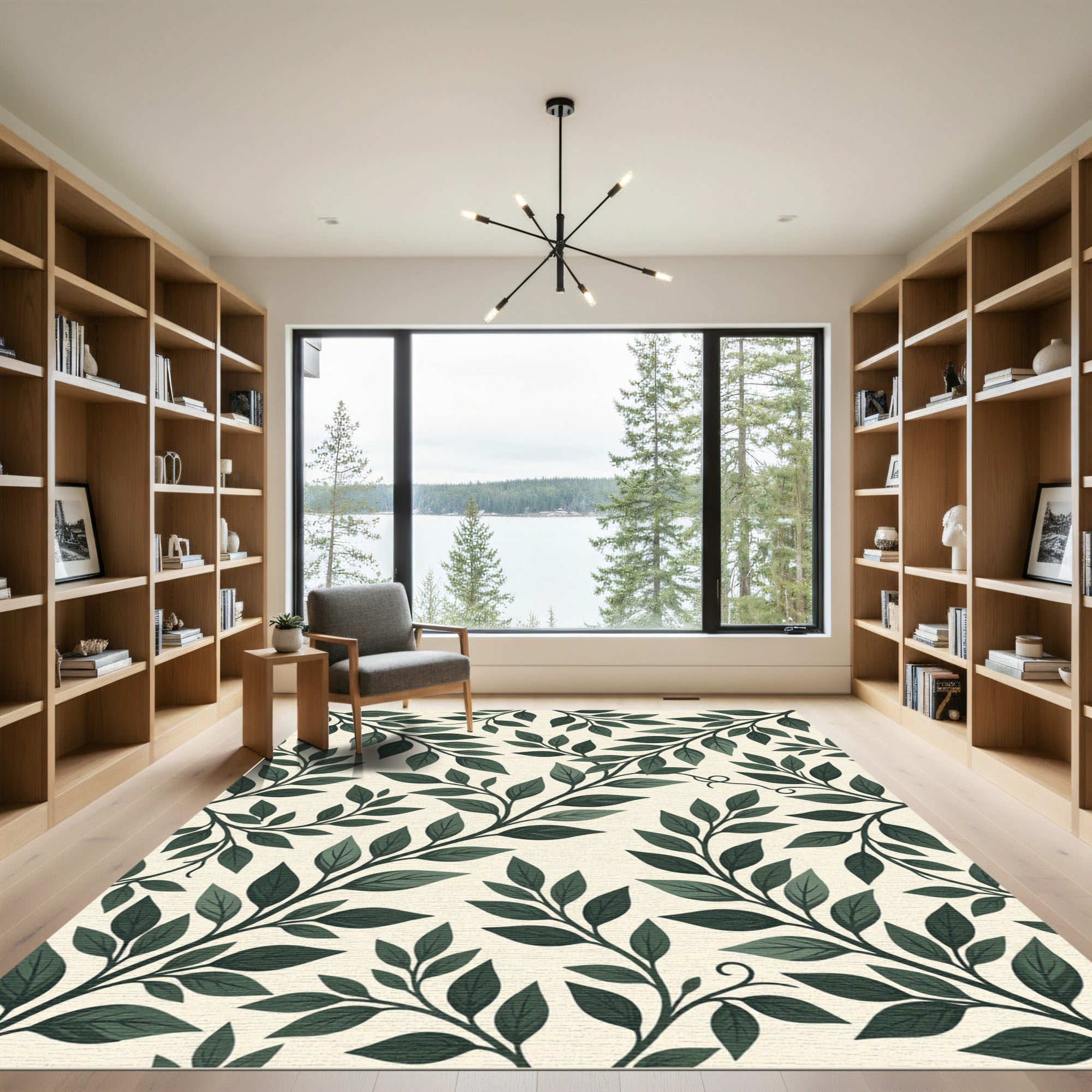 Dark Green Leafy Branches on Cream Rug