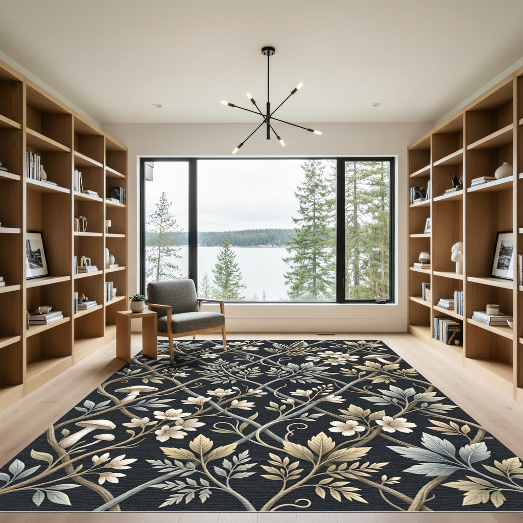 Dark Floral Mushroom Botanical Vines Rug