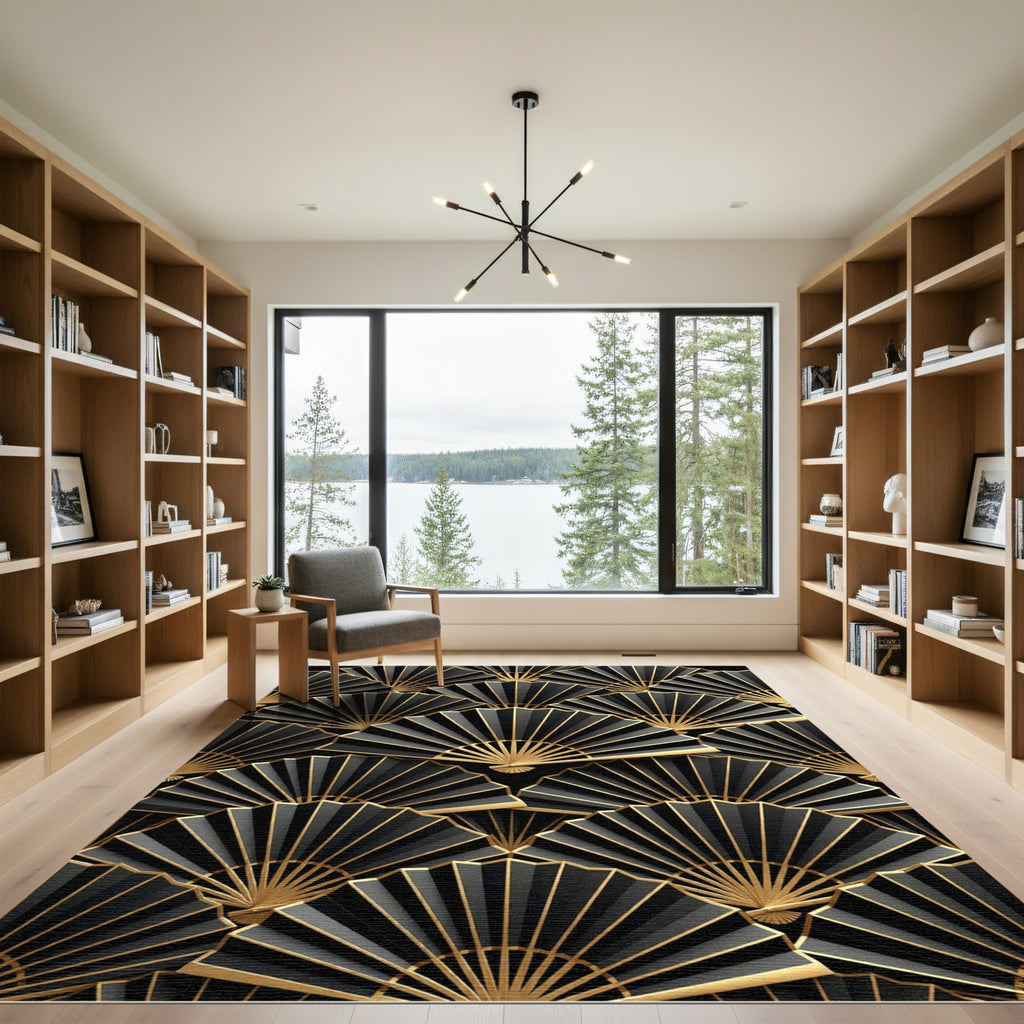 Golden Fan Art Deco Black Rug
