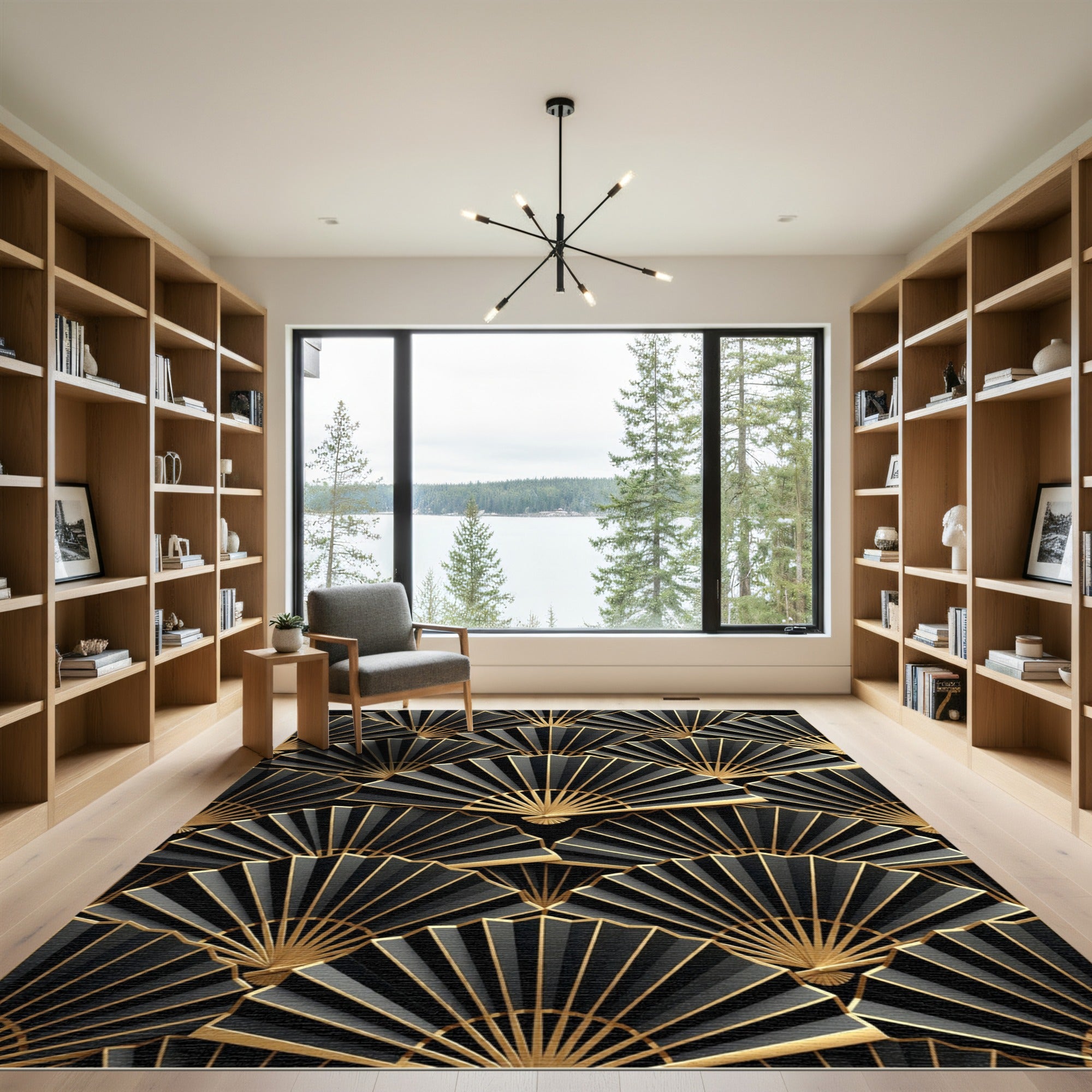 Golden Fan Art Deco Black Rug