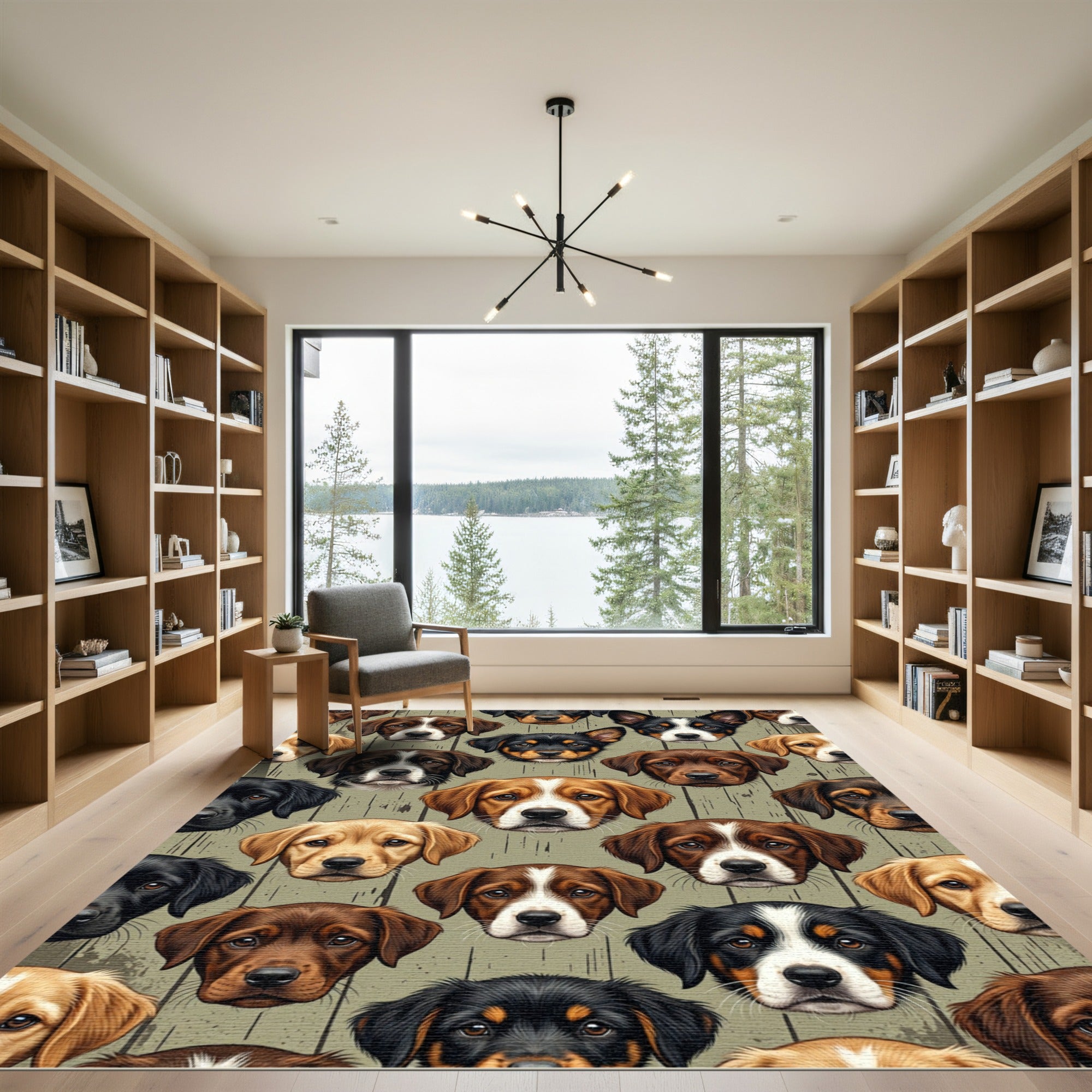 Adorable Puppy Faces on Wood Grain Rug