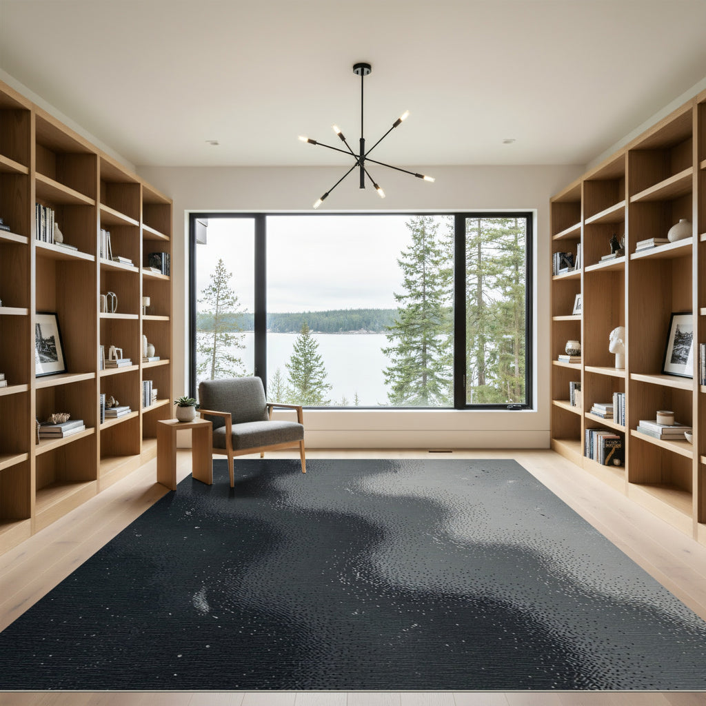 Modern Dark Monochrome Abstract Flow Rug