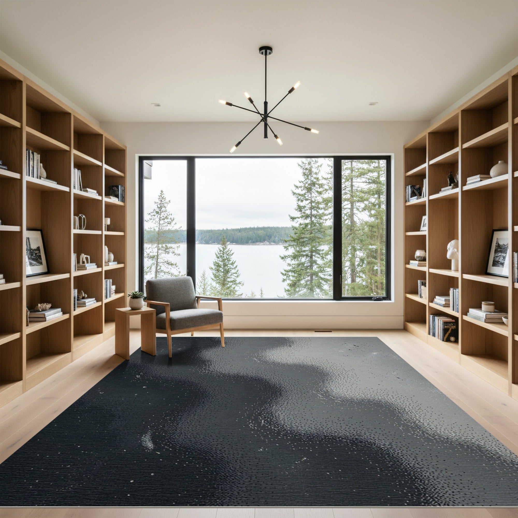 Modern Dark Monochrome Abstract Flow Rug