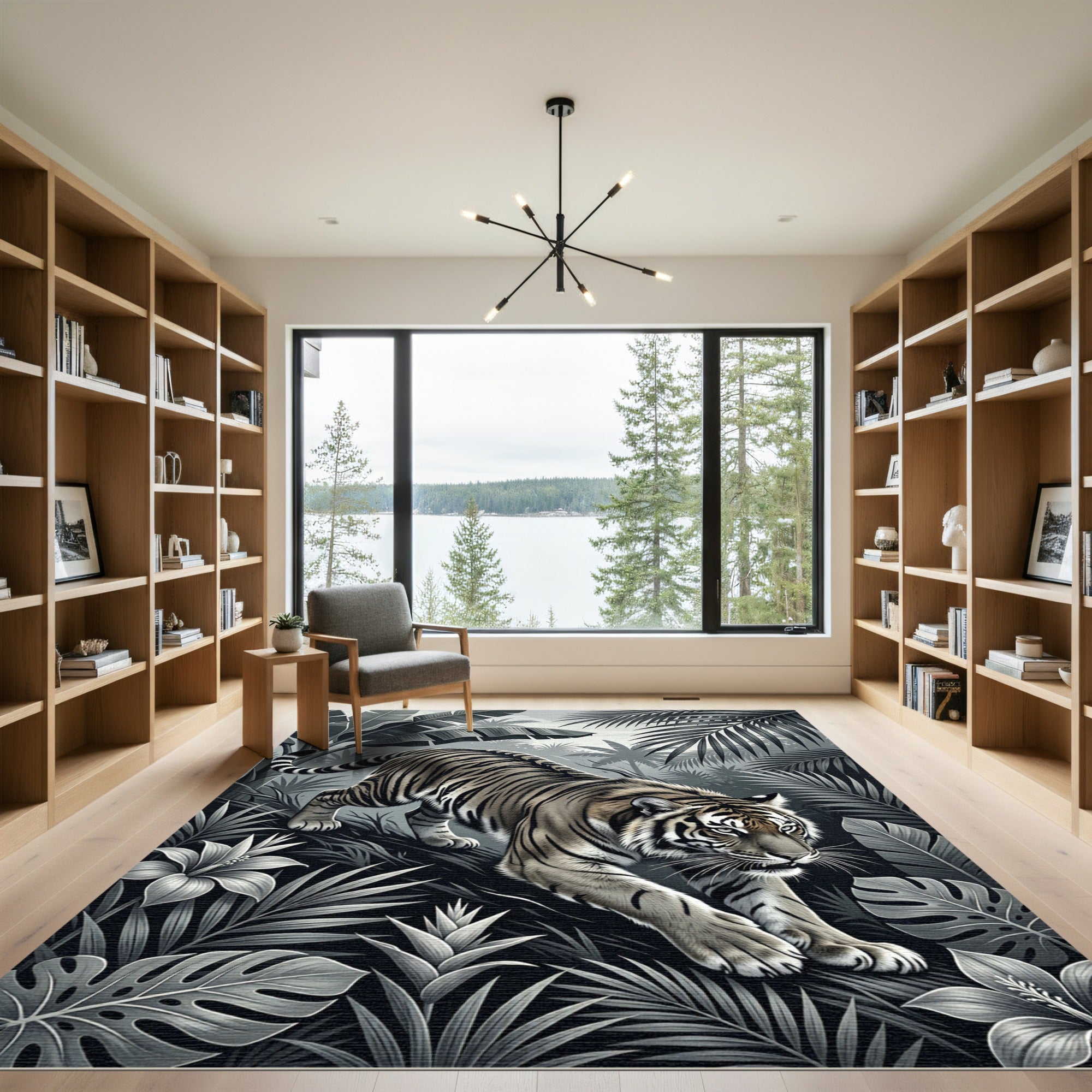 Monochrome Tiger Jungle Botanical Scene Rug