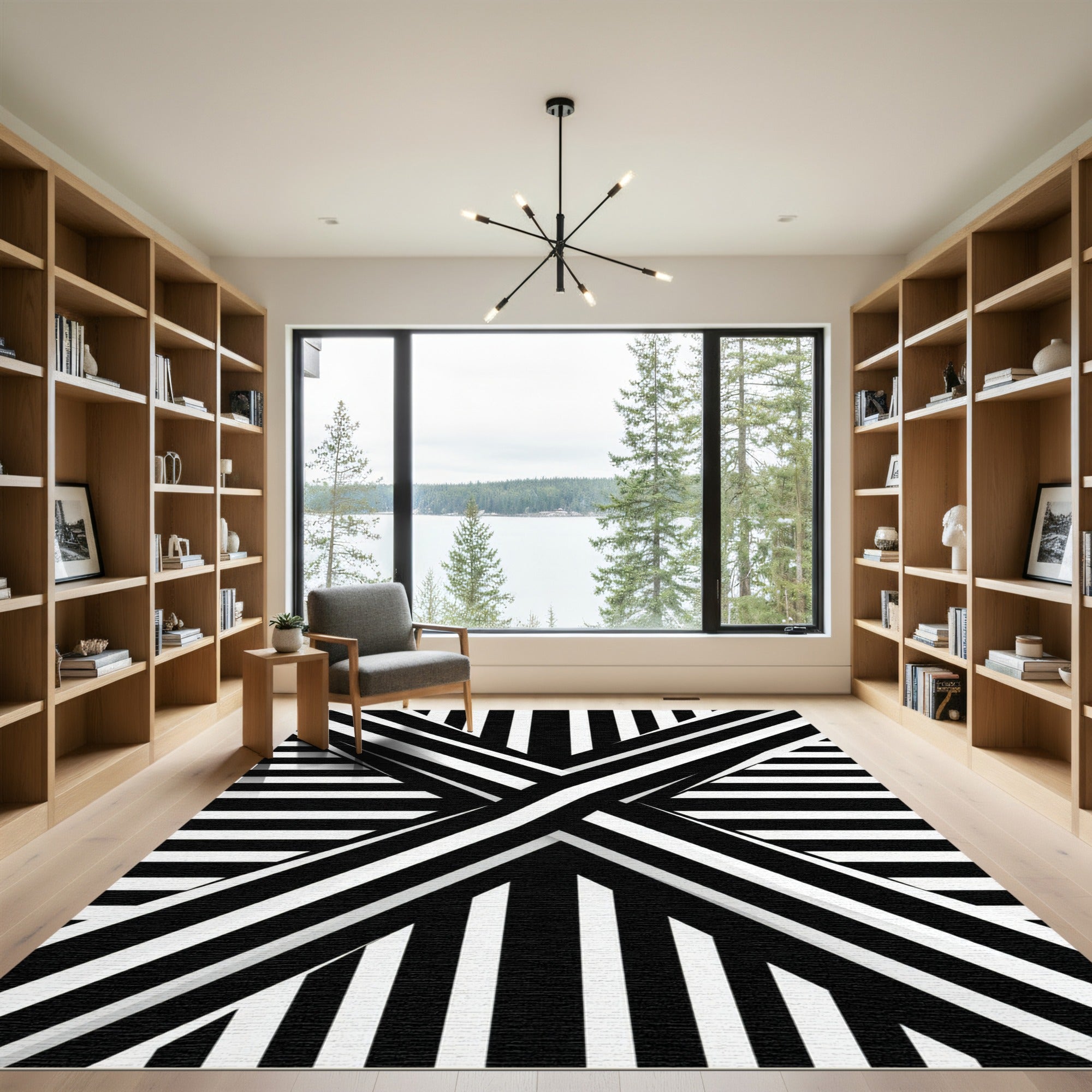 Bold Black White Geometric Stripe Weave Rug
